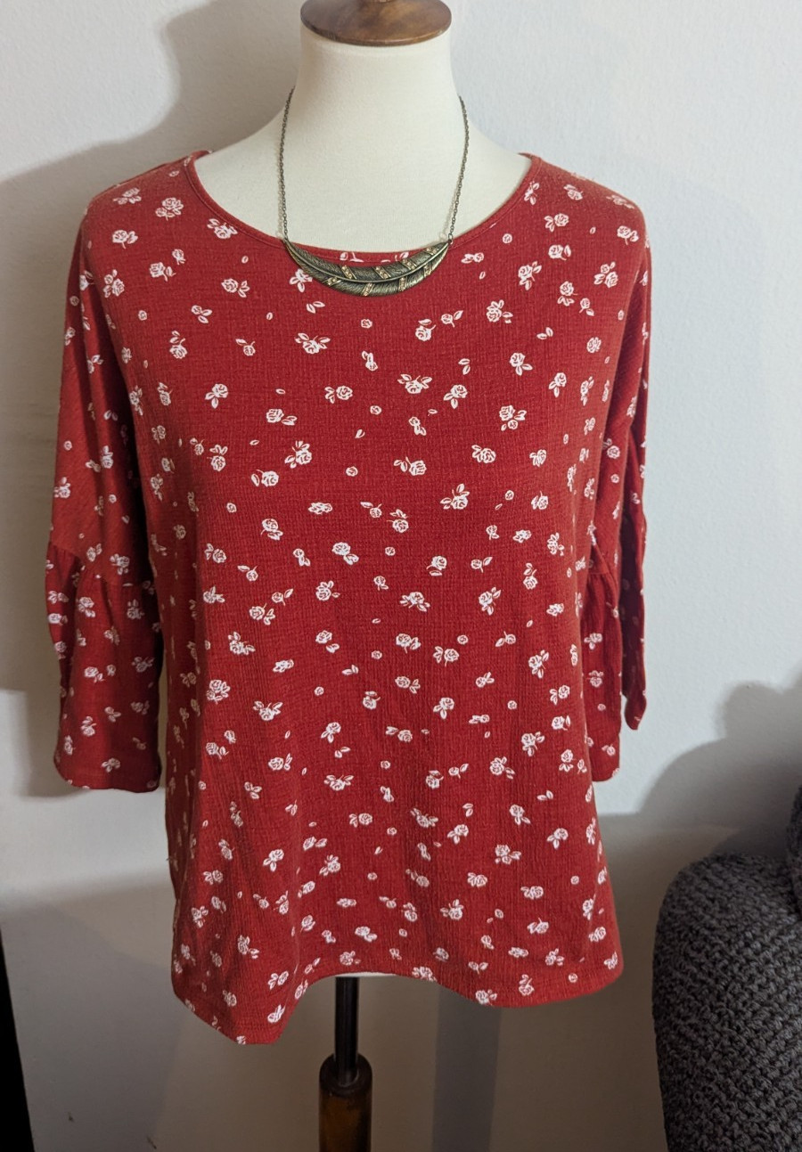LC Lauren Conrad Rust Floral Blouse Top 3/4 Flutter Sleeve Open Back Tie L