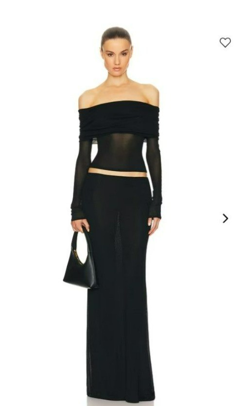 HELSA Revolve Black Sheer Knit Off The Shoulder Top Mesh Jersey Long Sleeve