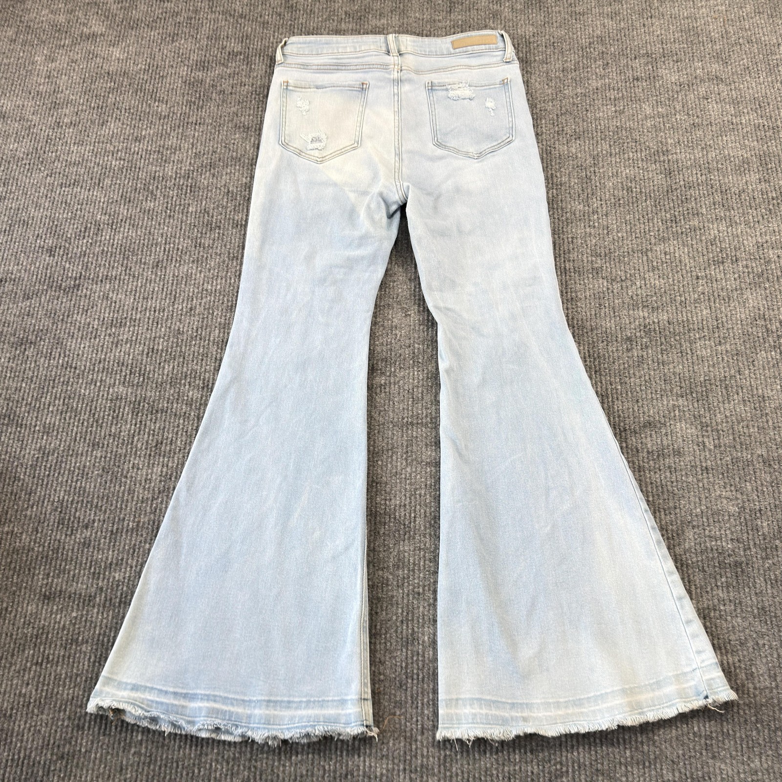 Cello Flare Jeans WomensM13 Light Wash High Rise Distressed Fringe Hem Stretch