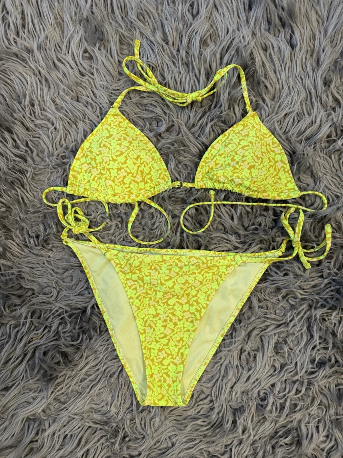Aerie Yellow Floral Triangle Bikini Set Cheeky Adjustable Strap Lined Size M