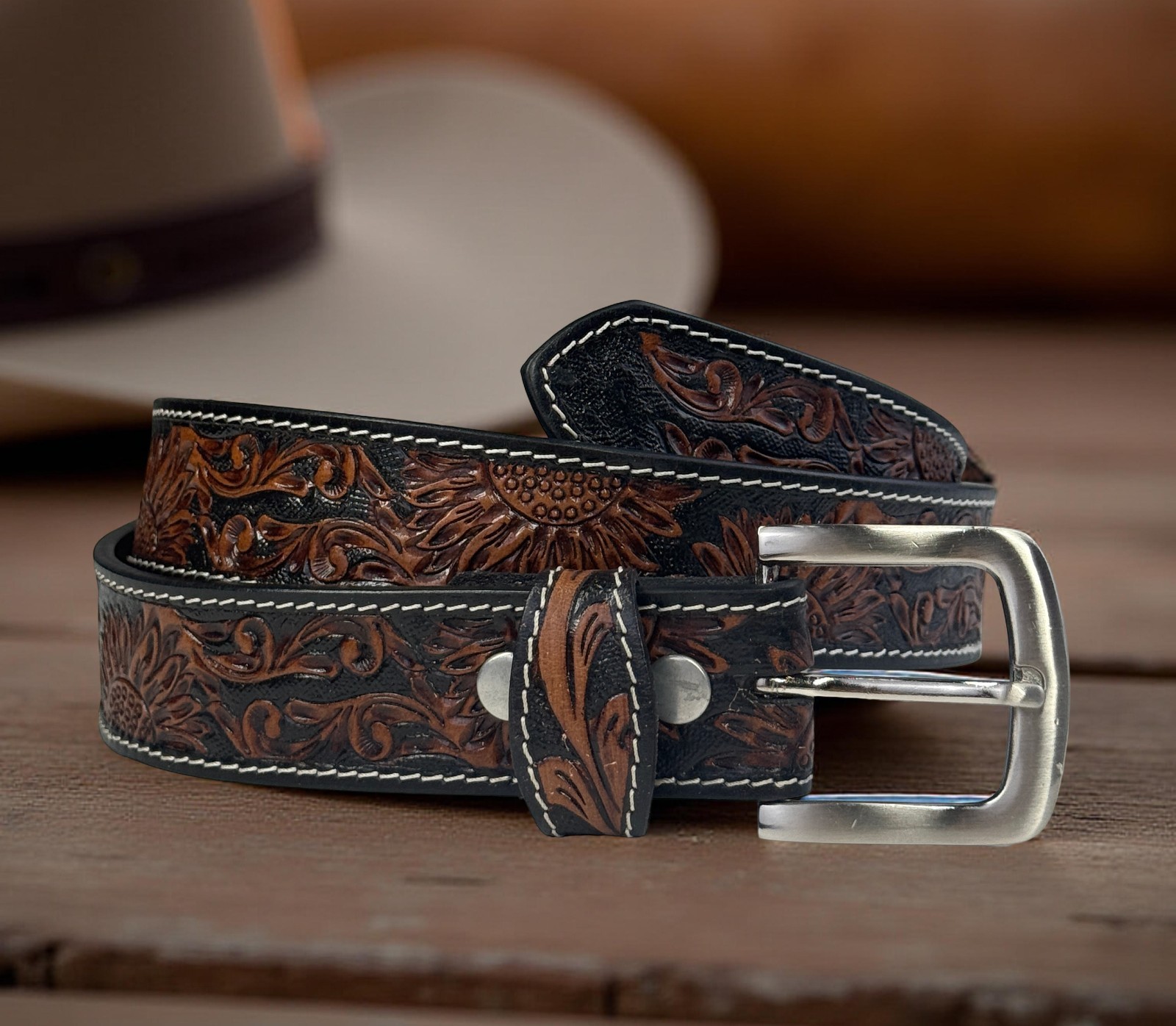 Western Leathe Belt Cowboy Rodeo Full Grain Leather Hand Tooled Removable Buckle