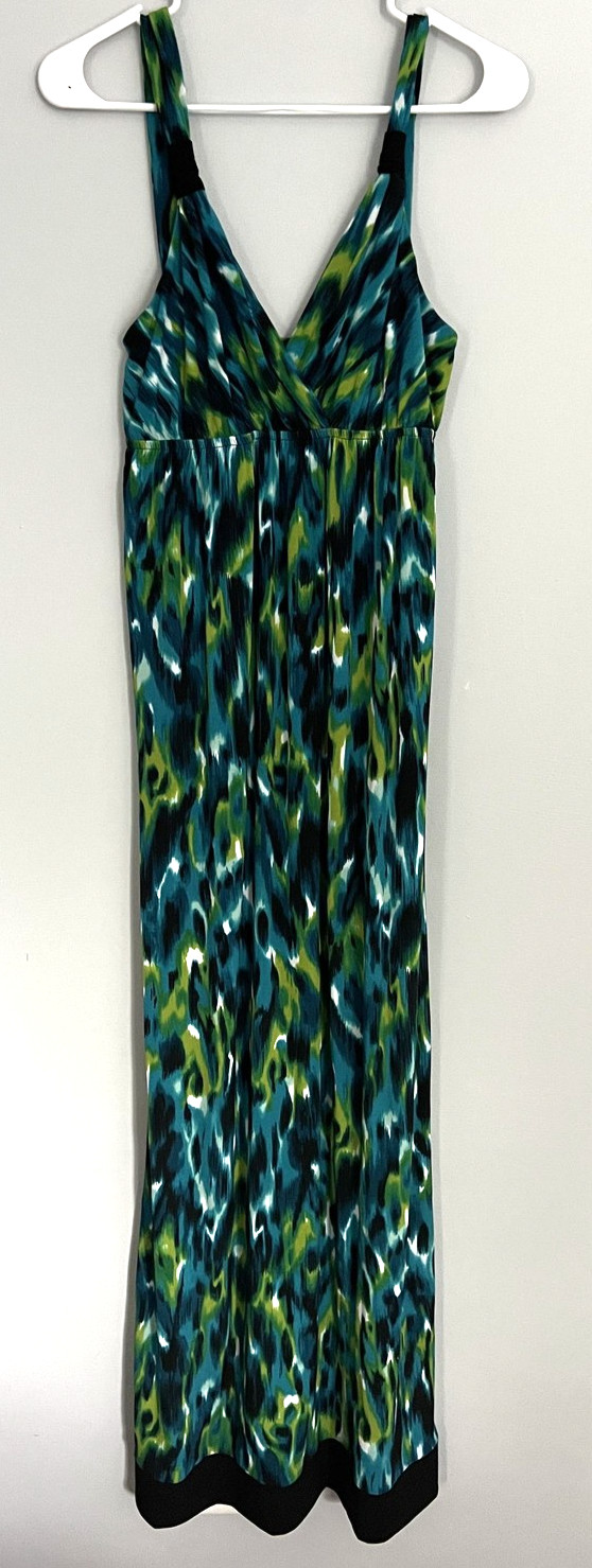 AB Studio Dress Womens M Blue Green Maxi Long Surplice V Neck Ikat Print EUC