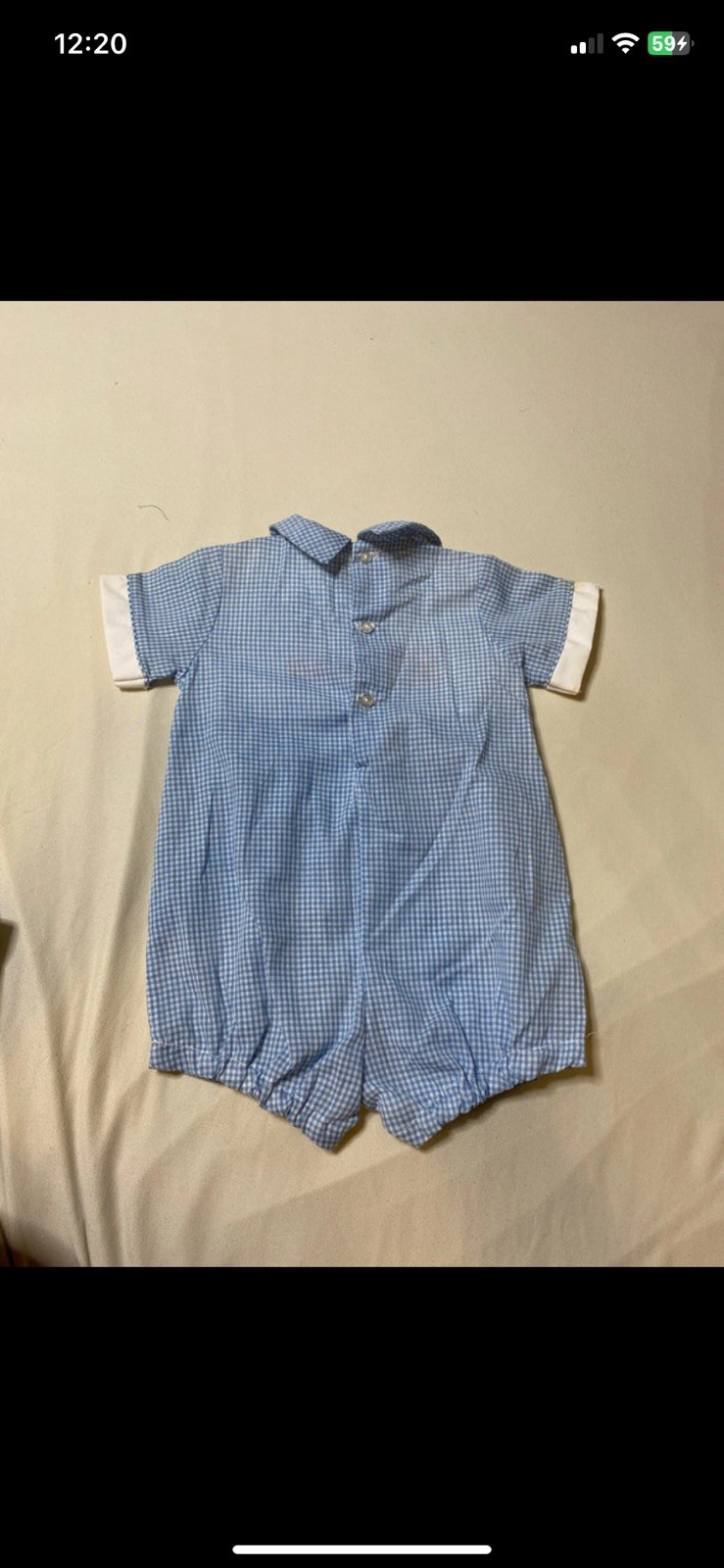 Vintage Alexis Baby Boy Smocked Train Bubble Romper Blue Gingham Jon Jon
