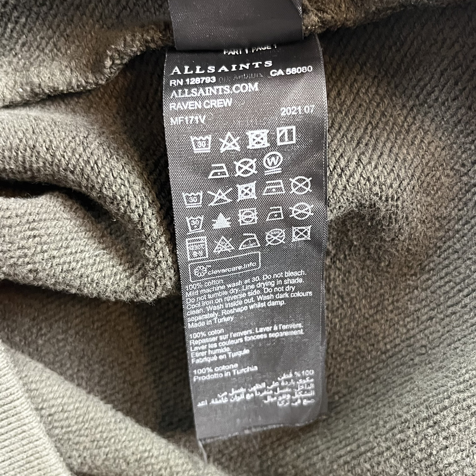 AllSaints Sweatshirt Mens Medium Olive Green Raven Crewneck Terry Ramskull Logo