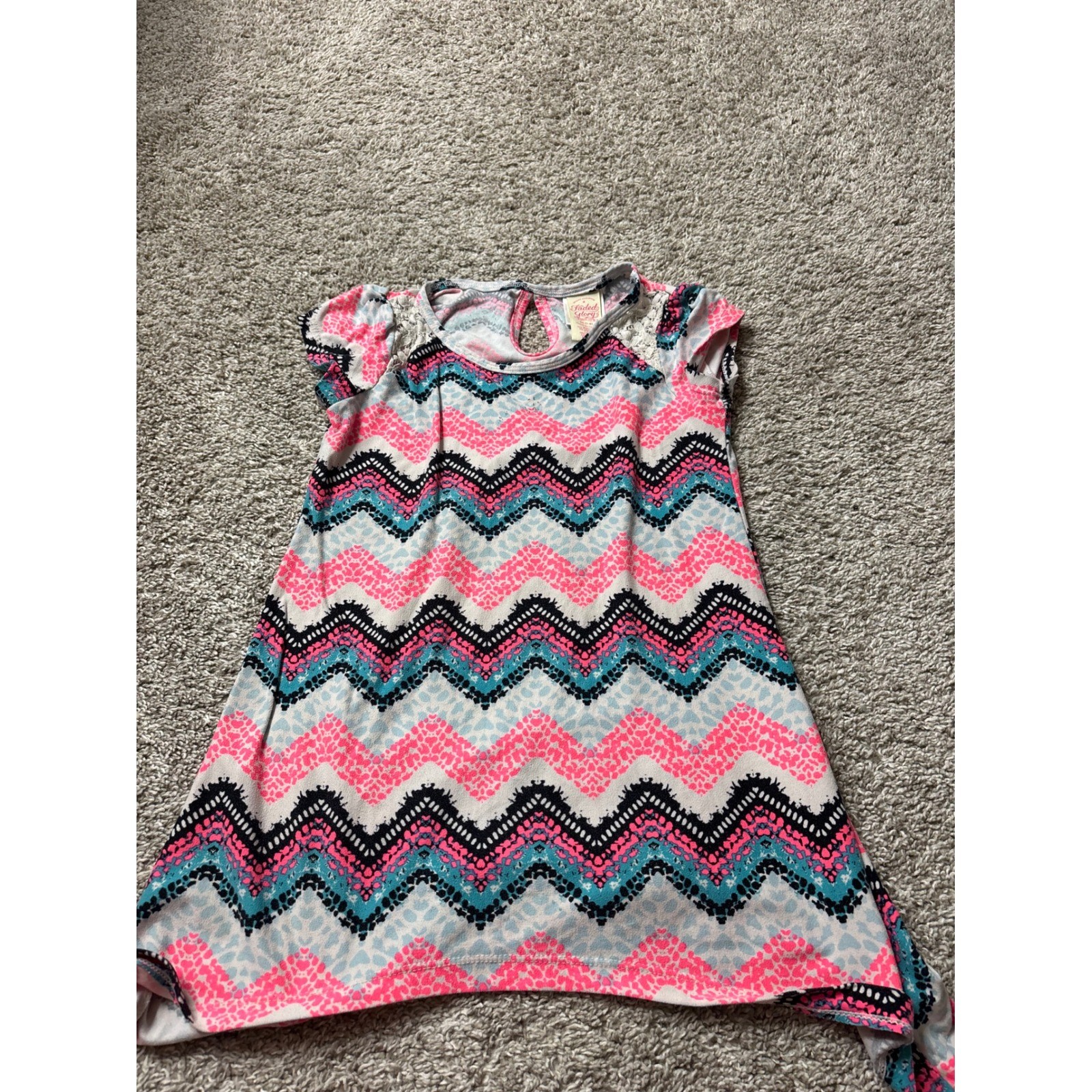 Faded Glory Girls Pink Blue Chevron Lace Sharkbite Hem Top Size M 7-8