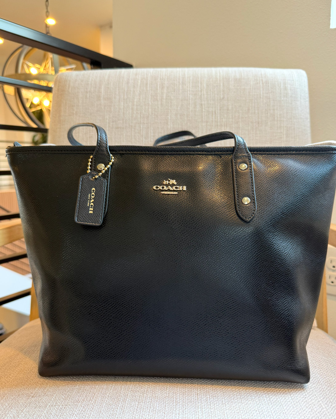 COACH Black Crossgrain Leather Tote Bag & Matching Cosmetic Pouch Case 2pc Bundl