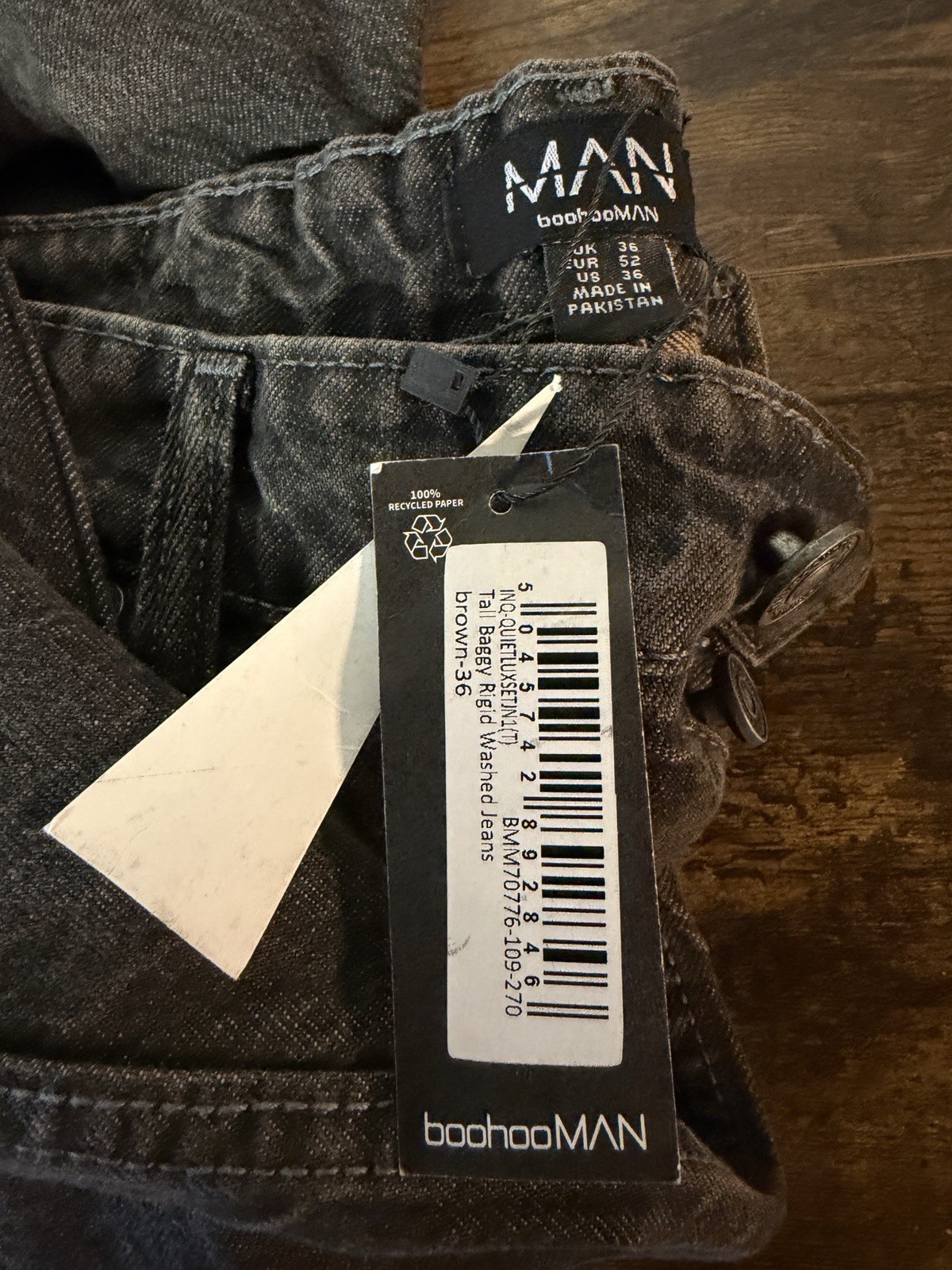 NWT! BoohooMAN Tall Baggy Rigid Washed Jeans – Brown – Size 36