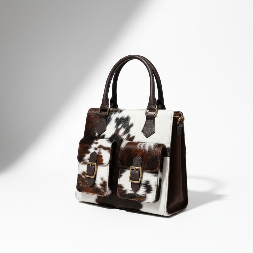 Genuine Cowhide Leather Tote Bag Brown White Hair-On Hide 13x11x4 Stylish