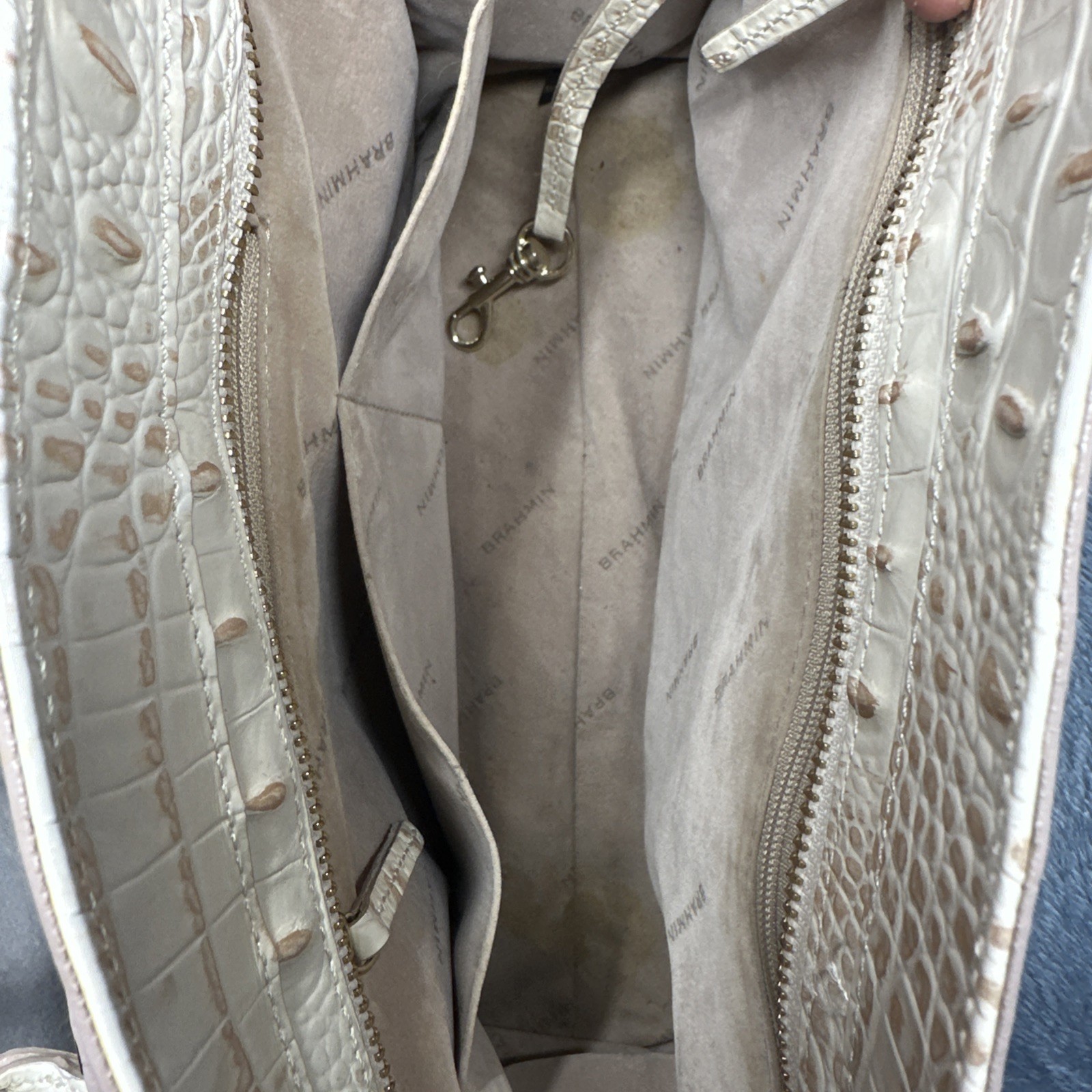 Brahmin Greta Satchel Bag With Crossbody Strap Cream Gold Croc Embossed