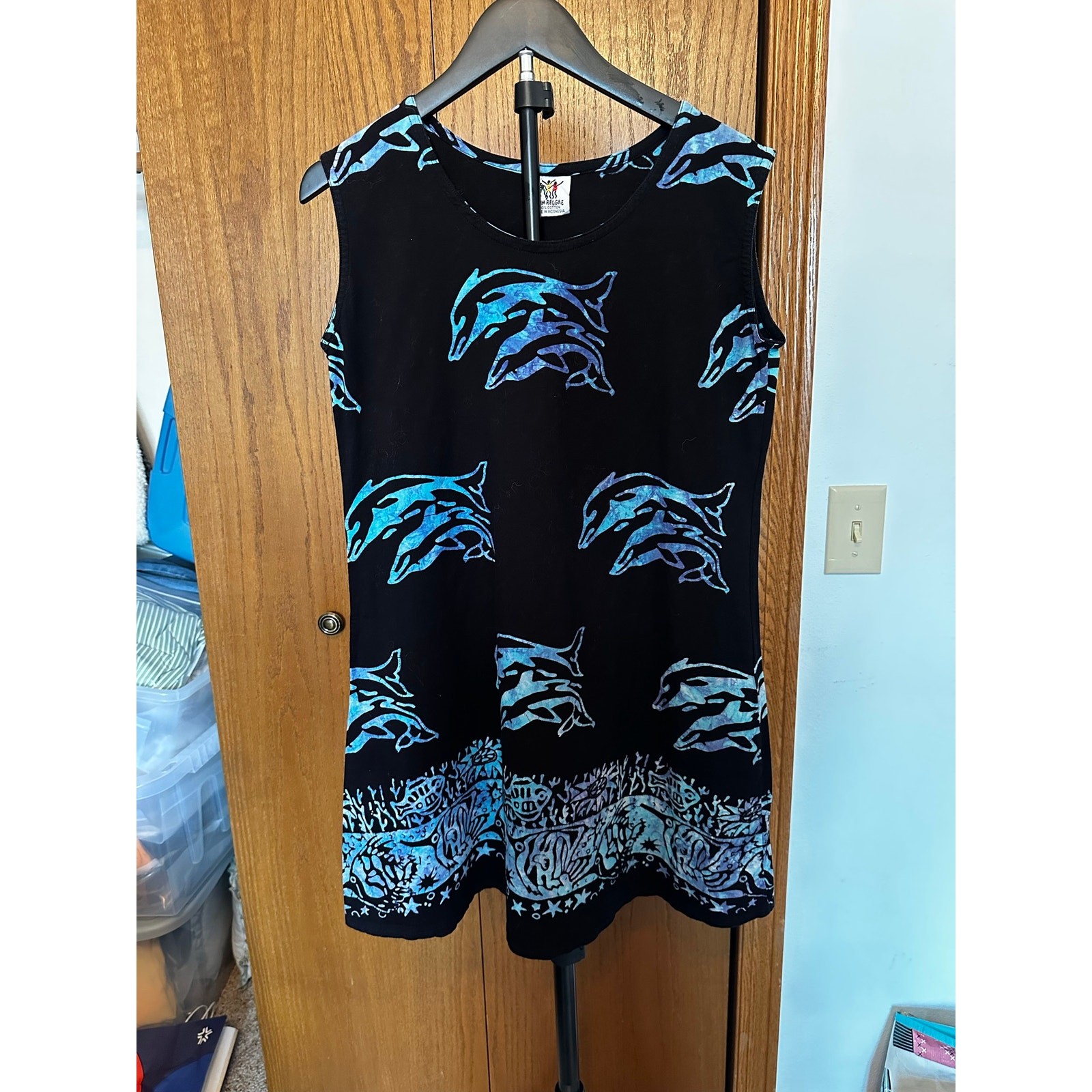 Rum Reggae Black Cotton Batik Dolphin All Over Print Sun Dress Size Small