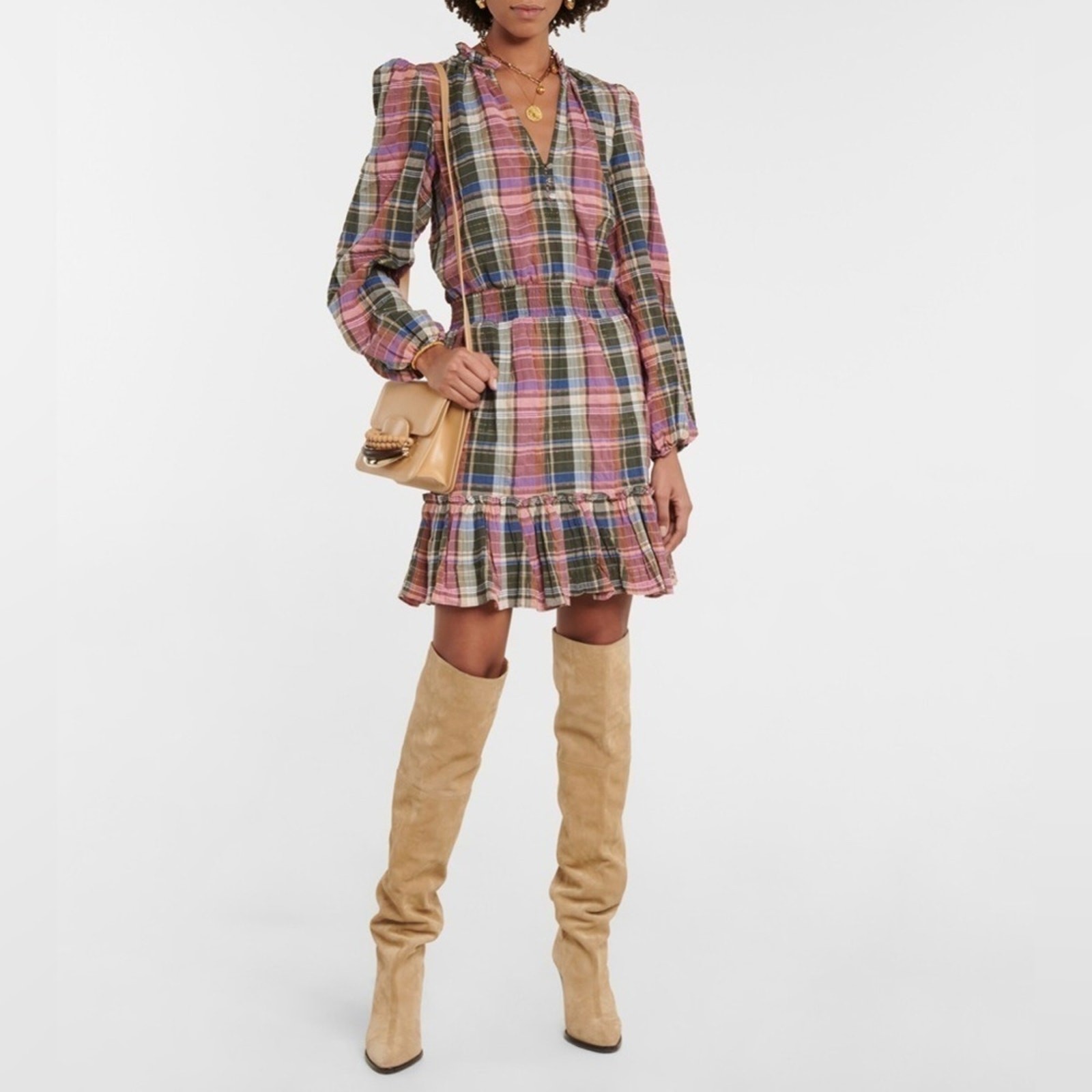 Veronica Beard Jeans Destiny Ruffled Metallic Checked Cotton Blend Mini Dress