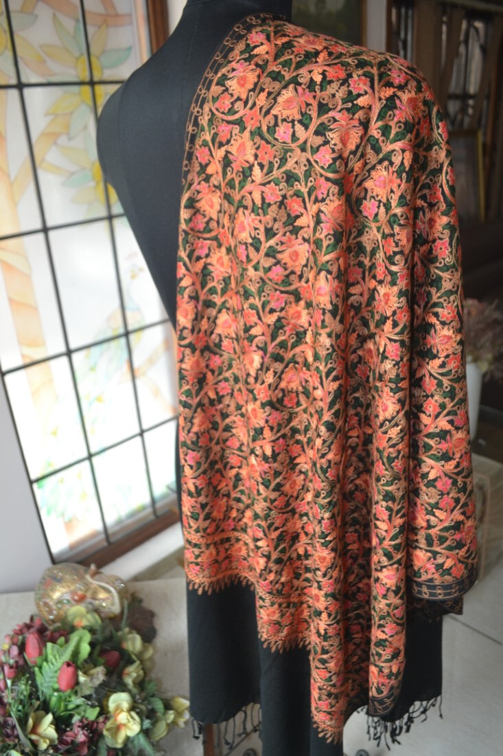 KASHMIRI BLACK CREWEL ALL EMBROIDERED FLORAL SILK PASHMINA STOLE