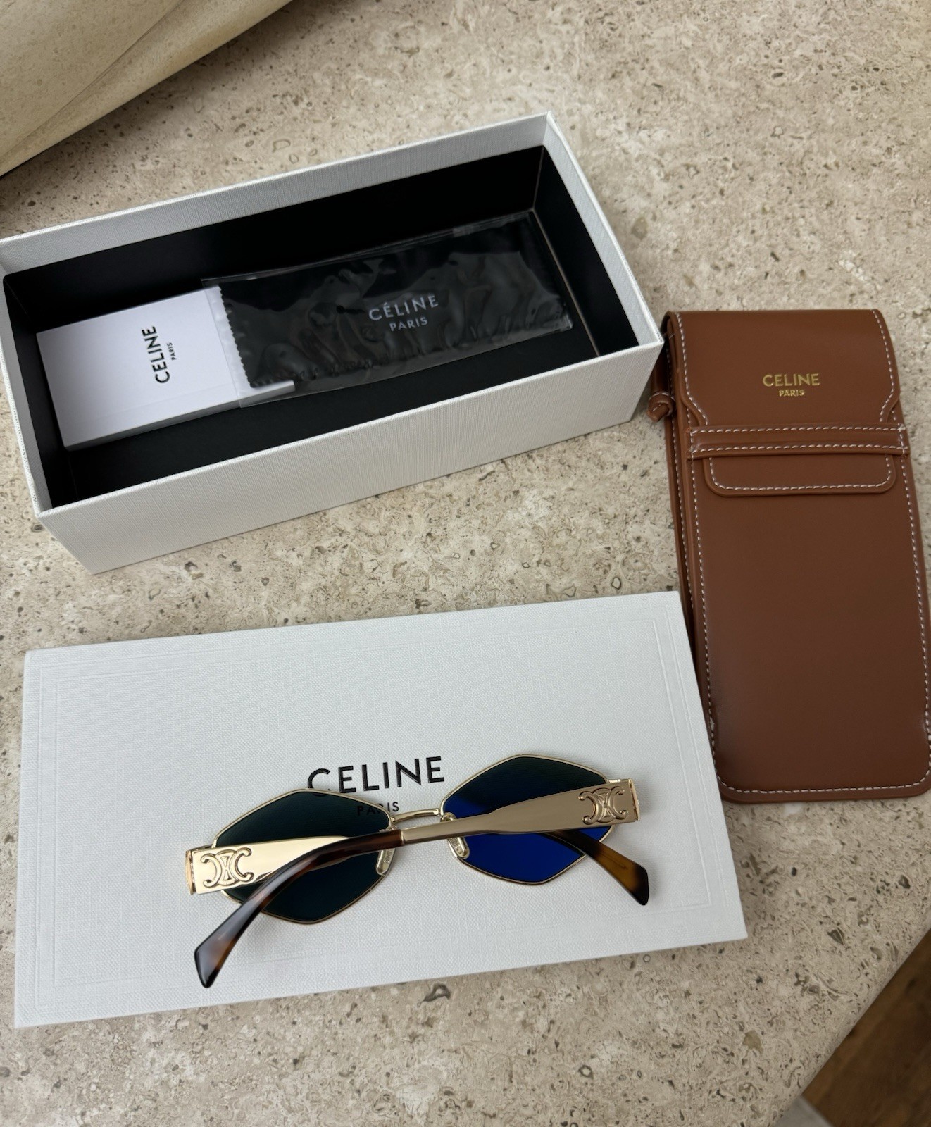 CELINE Geometric Gold Metal Sunglasses Green Lenses