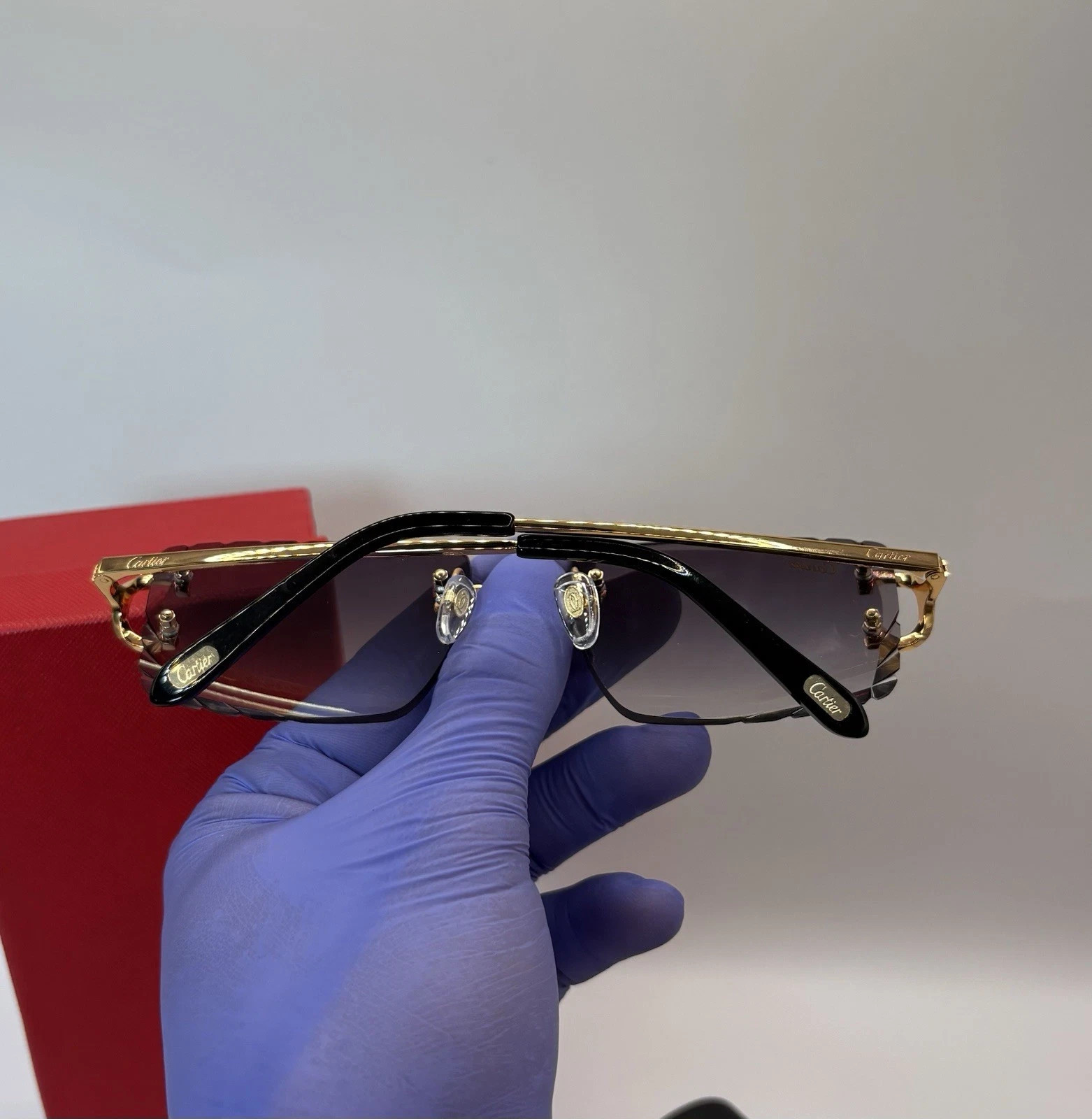 cartier Big C Diamond Cut Frameless BLACK Lens Gold Frame