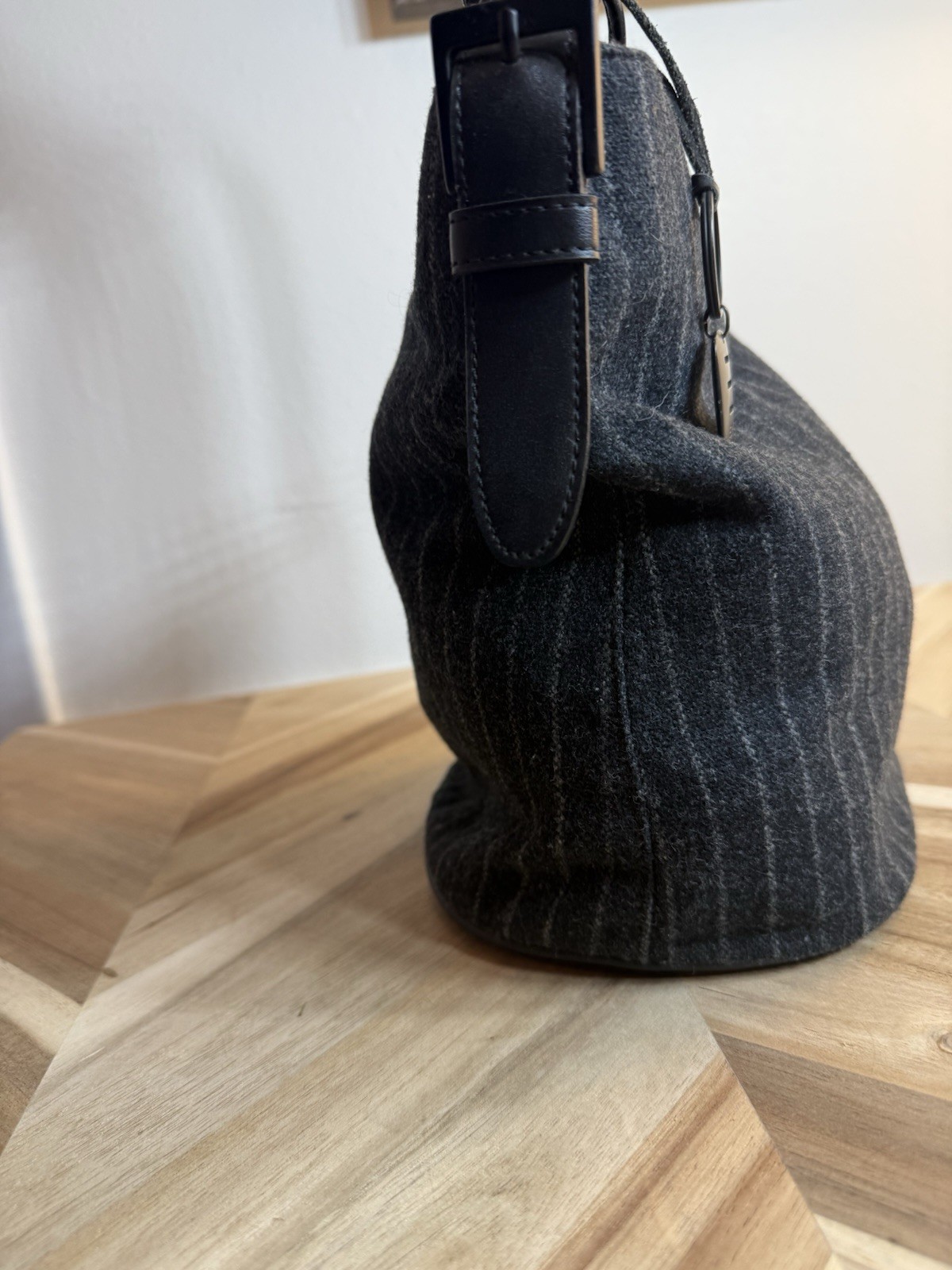 Espirit Wool Shoulder Bag Purse Drk Gray w/Pinstripes Indie Cottage Grunge