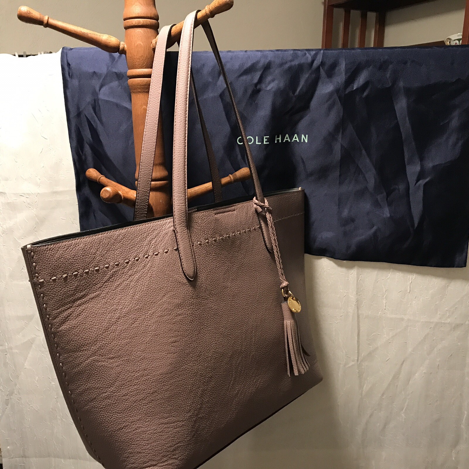 NEW Cole Haan Large Gray Leather Tote Bag 19.5″ w/Dust Bag Mint Fall Sale