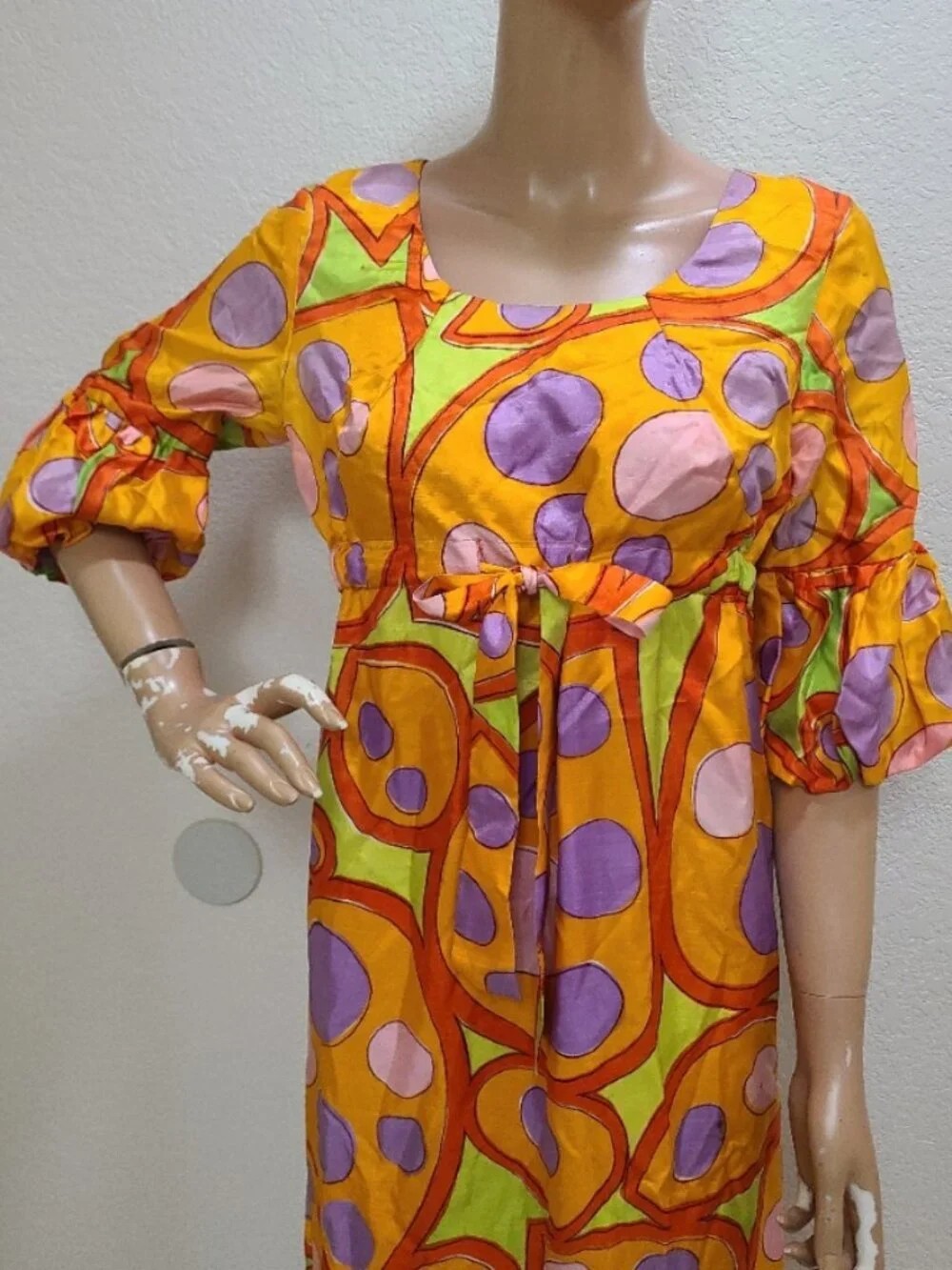 VINTAGE 1960s ALEX COLMAN BRIGHT PRINT CAFTAN HOUSE DRESS POLKA DOT GOWN sz S