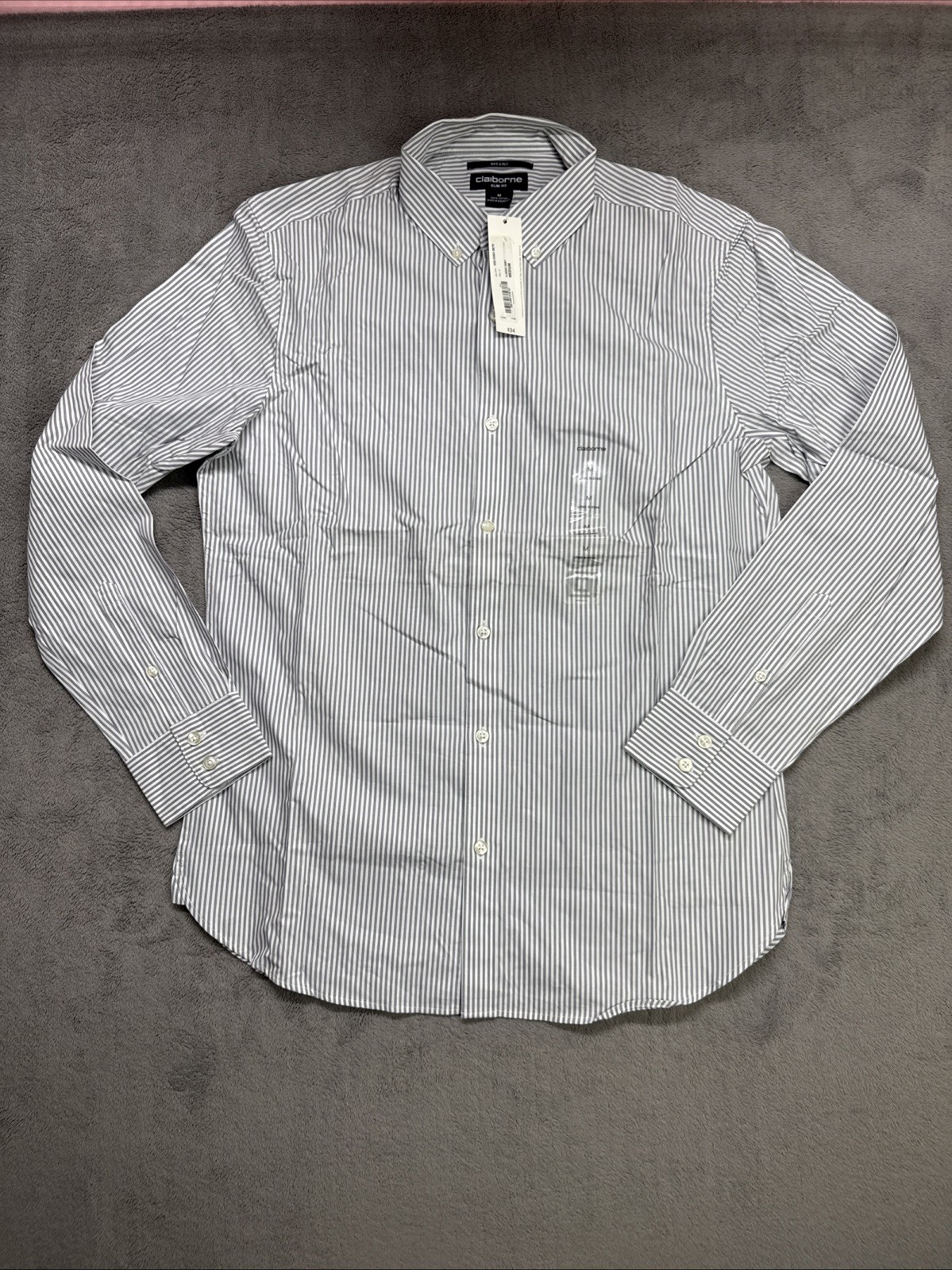 Claiborne Mens *NEW* Medium SlimFit Shirt White/Light Gray Stripe