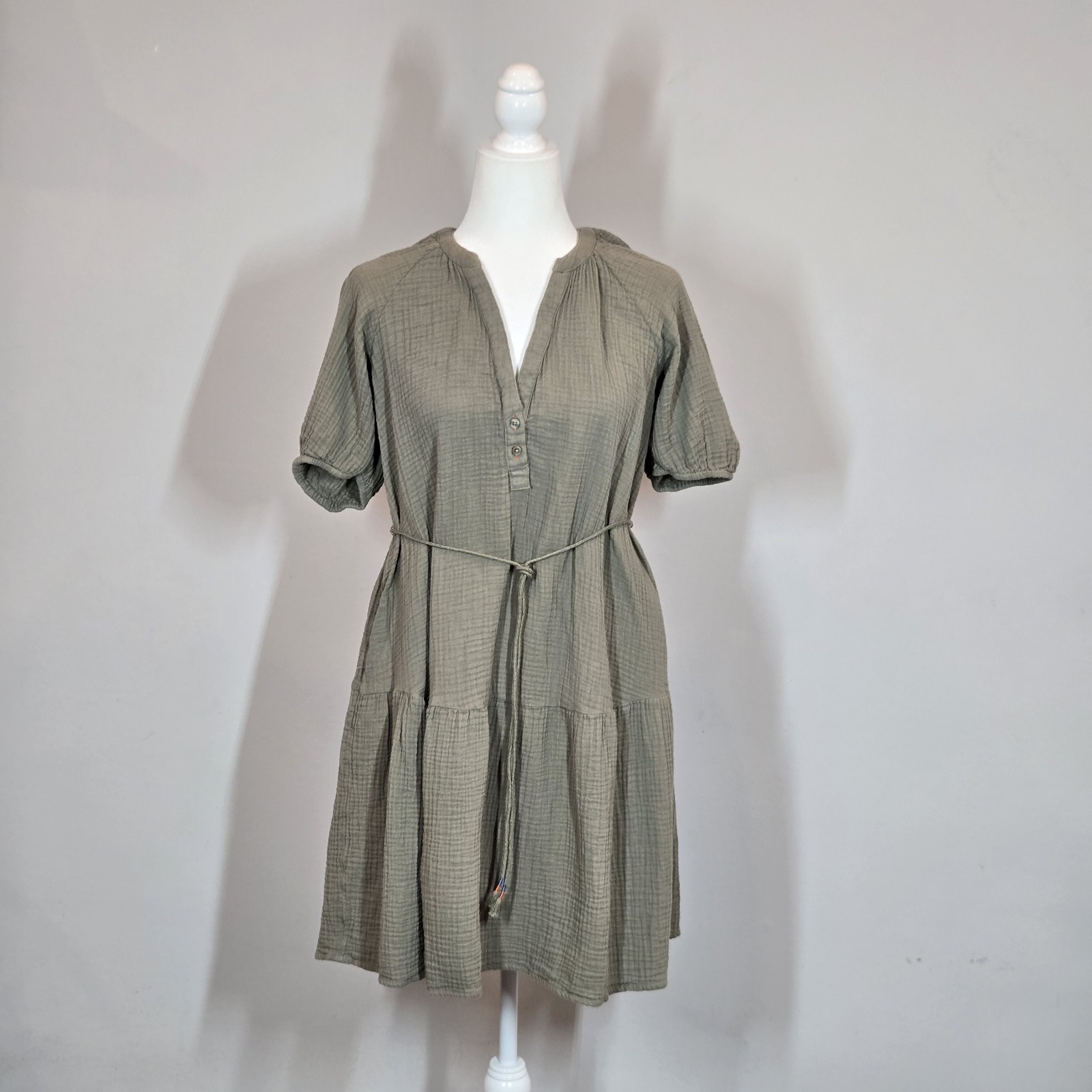 Marks & Spencer Per Una Pure Cotton Textured Notch Neck Tiered Khaki Dress Sz12
