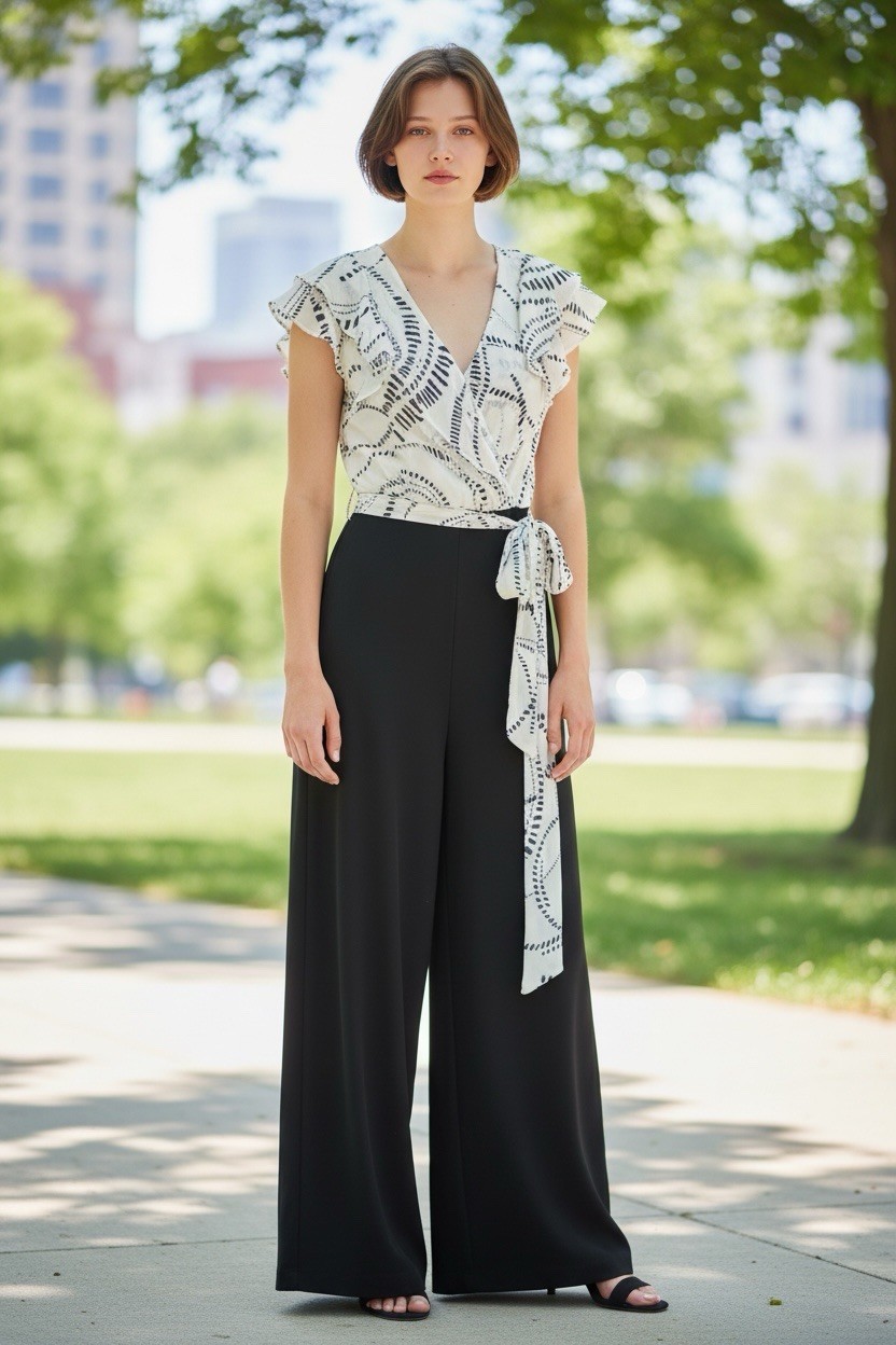 DKNY Black/White Geometric V-Neck Wide-Leg Jumpsuit Flutter Sleeve Size 12