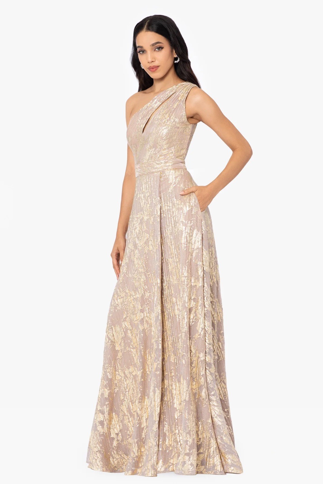Betsy & Adam Metallic Rose Gold Floral One-Shoulder keyhole Dress Gown size 2