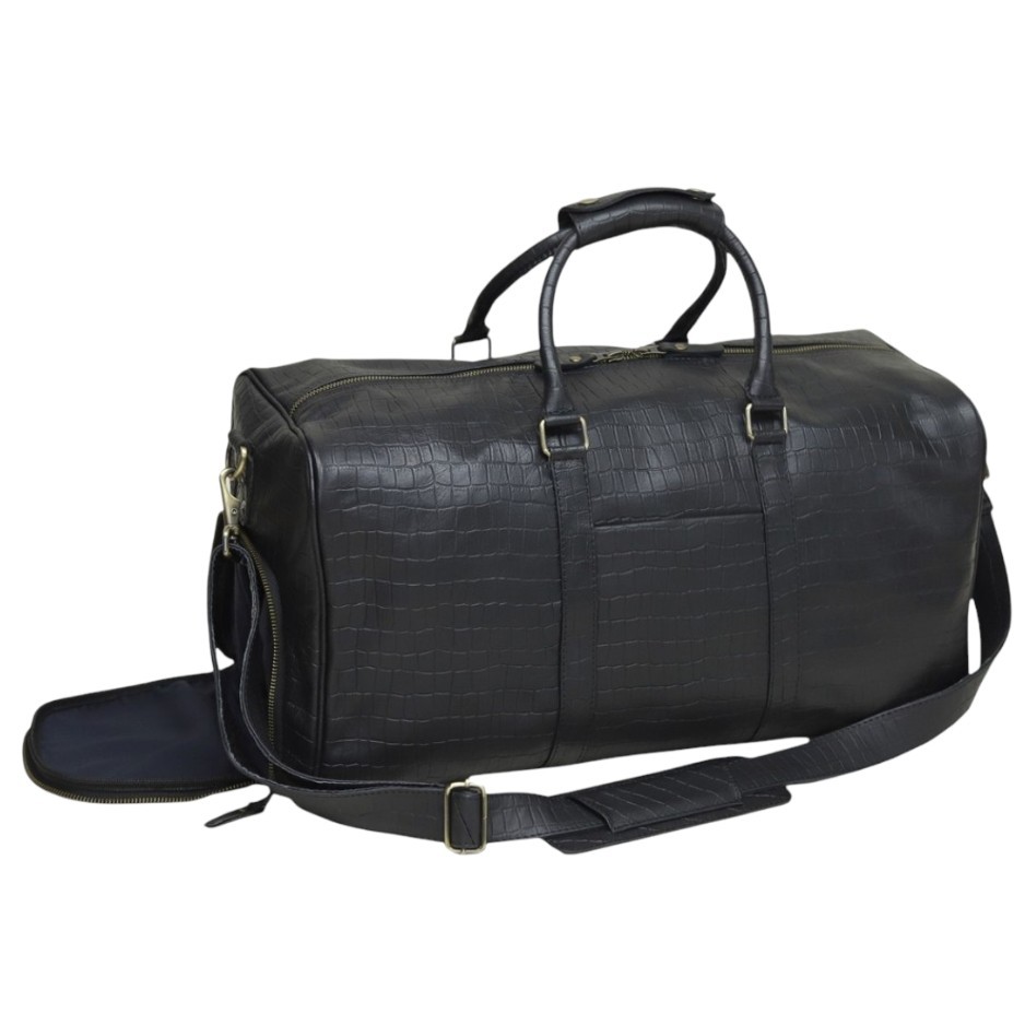 Leather Duffel Handbag For Men Crocodile Pattern Handmade Weekender For Travel