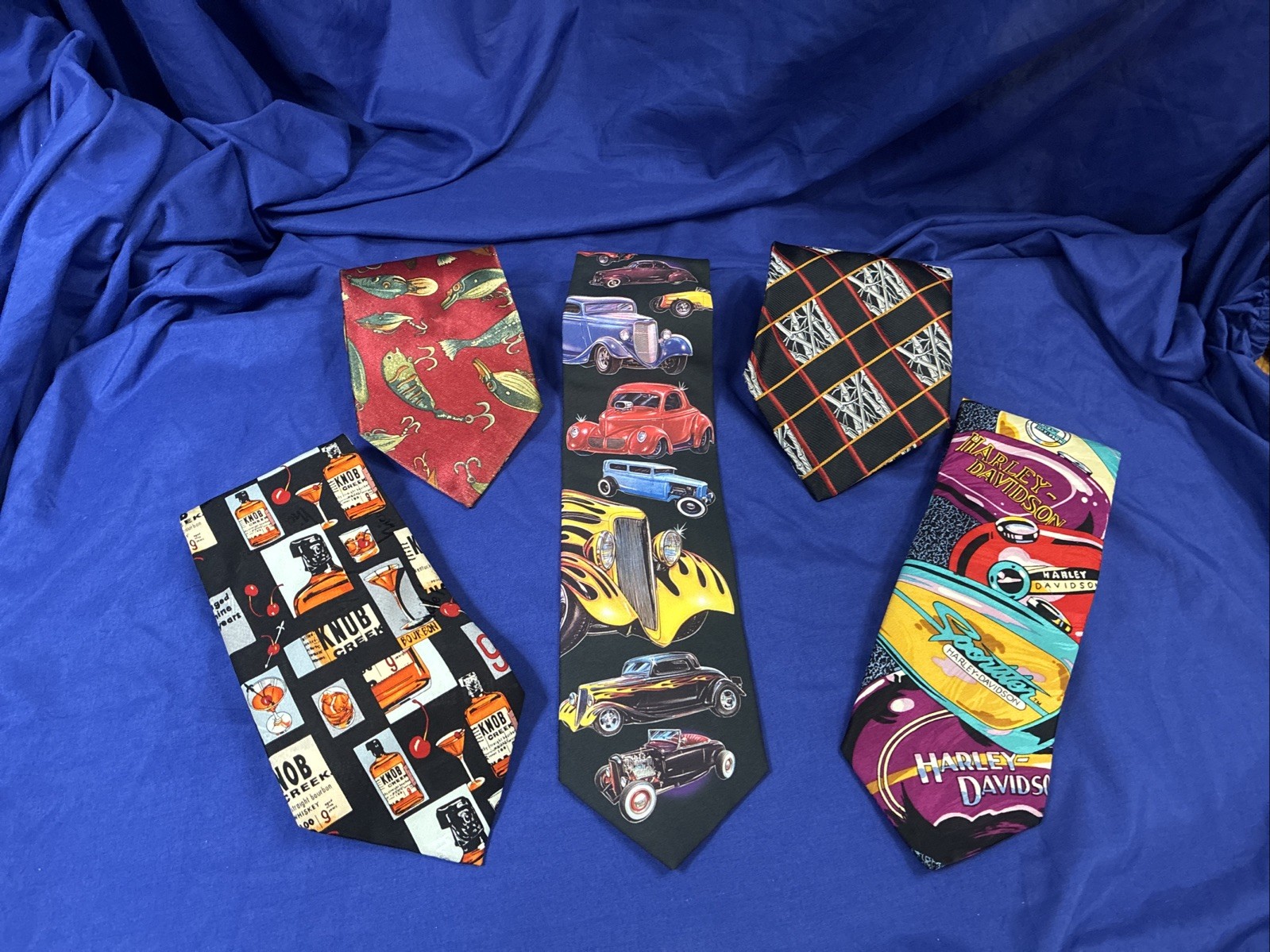 5 Novelty Neck Ties: Harley, Hot Rods, Knob Creek Bourbon, Fishing Lure, Birch