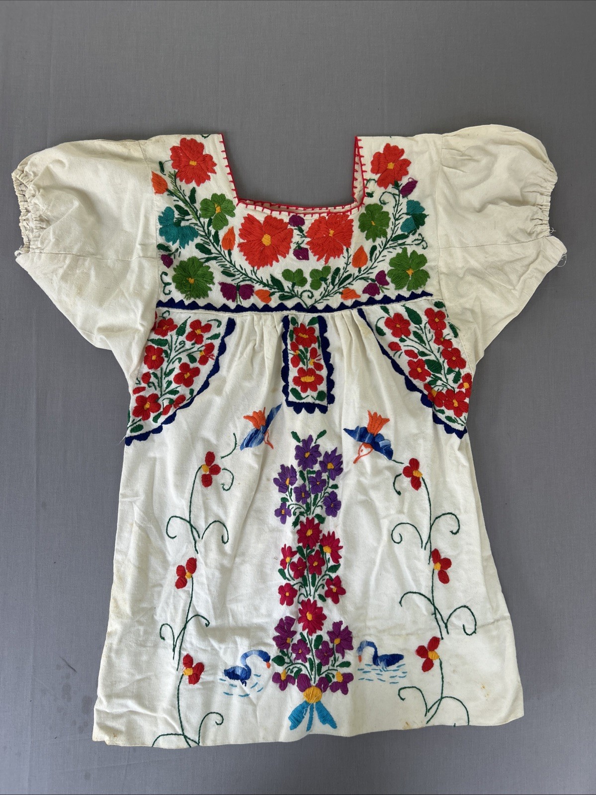 Vintage Mexican Embroidered Blouse Handmade Folk Art Floral Birds Peasant Tunic