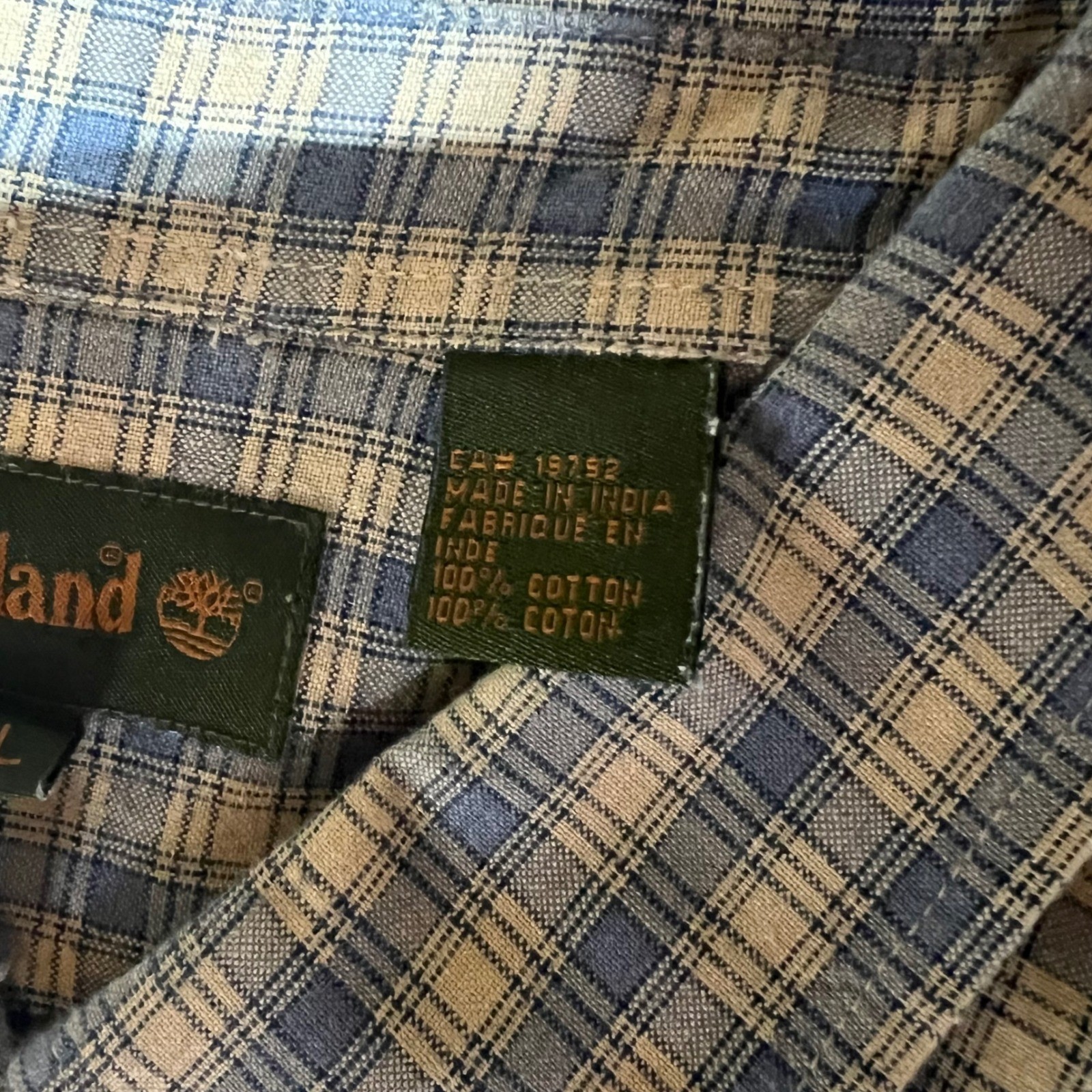 Timberland Mens XL Short Sleeve Button Down Shirt Blue Plaid Cotton Casual Logo