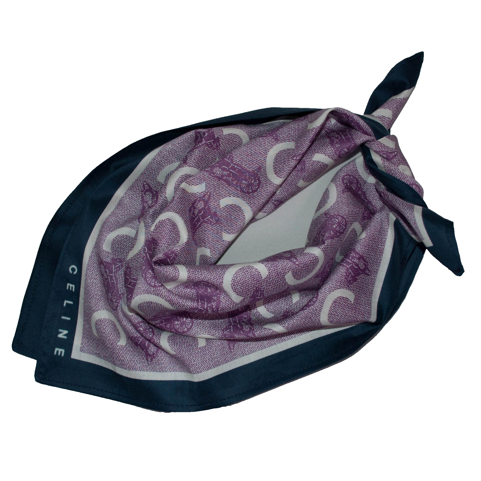 Celine horse and carriage pattern mulberry silk & cotton scarf Logo 47x47cm.