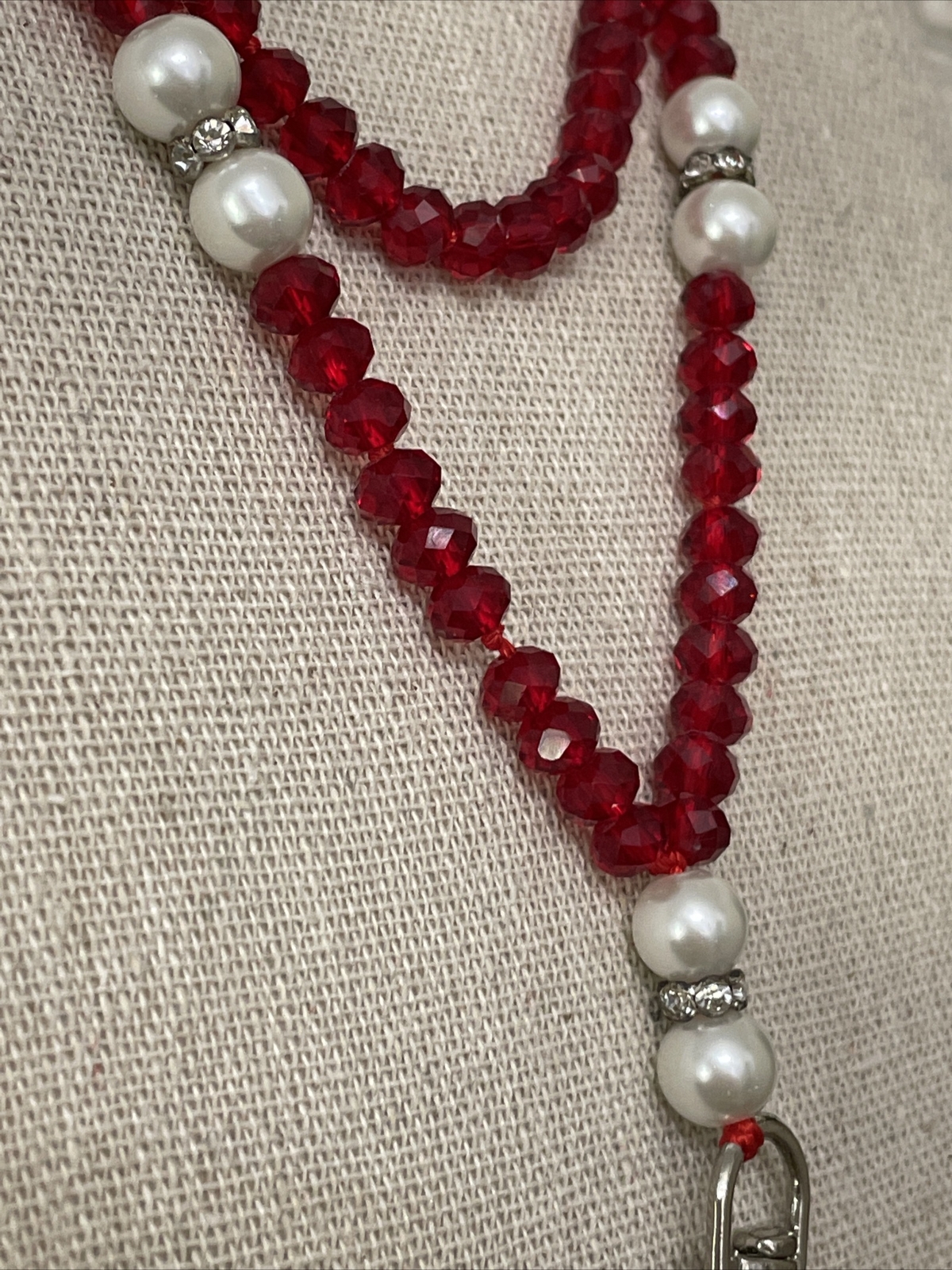 Crystal Lanyard Or Eyeglass Chain Red Crystal Pearl Rhinestone Beads 34” Strand