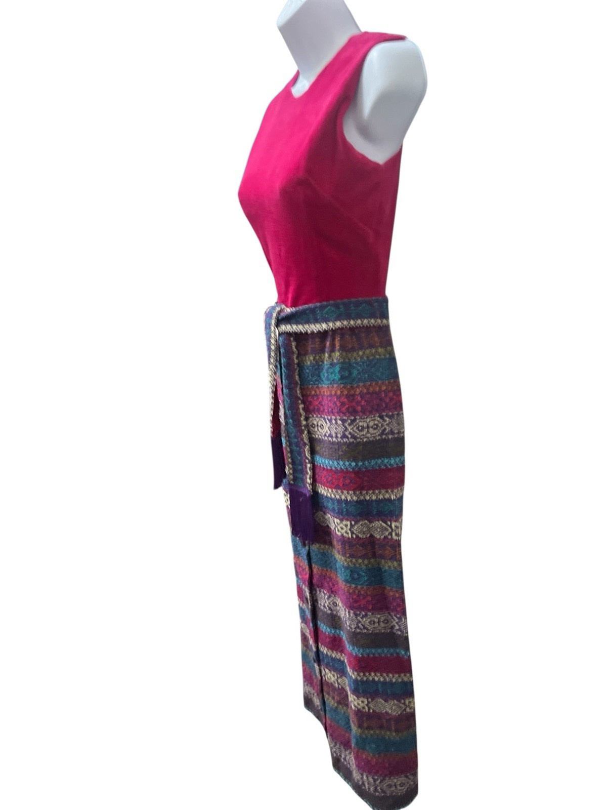 Vtg 60s Southwestern Boho Tapestry Maxi Dress XS Fringe Belt Sleeveless Velvet