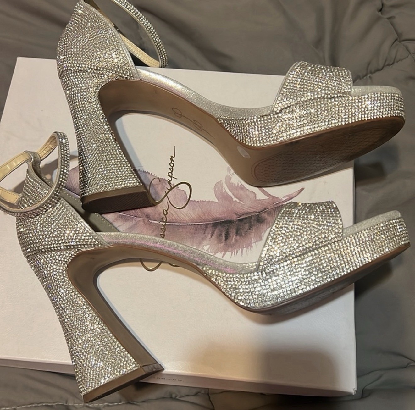 Jessica Simpson All Rhinestone Peep Toe Ankle Strap Block Heel