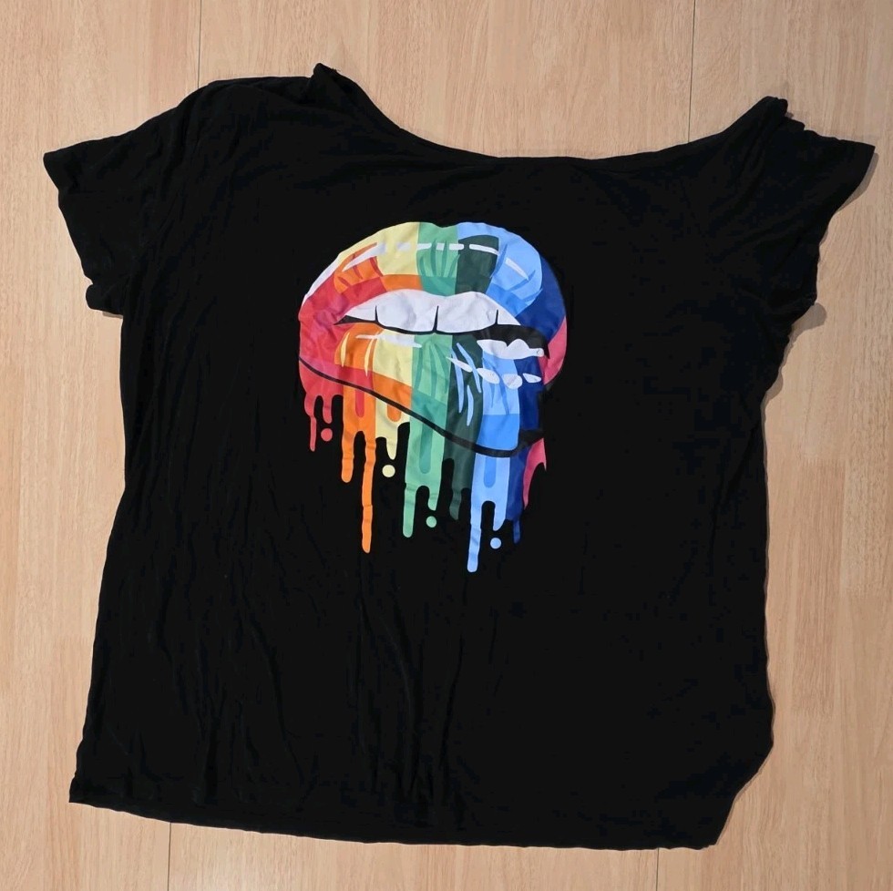 Magicmk Womens Black Shirt with Rainbow Lips Wide Neck Off the Shoulder Short…