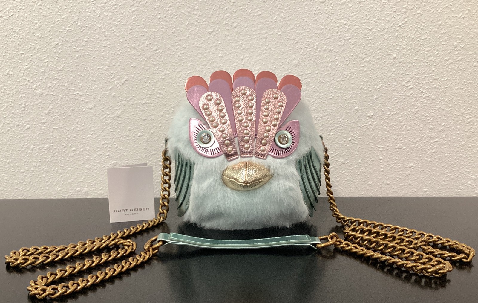 Kurt Geiger Faux Fur Soft Eagle Bag 6″ x 6″ x 4.5″ Crossbody Blue Pink Crystals