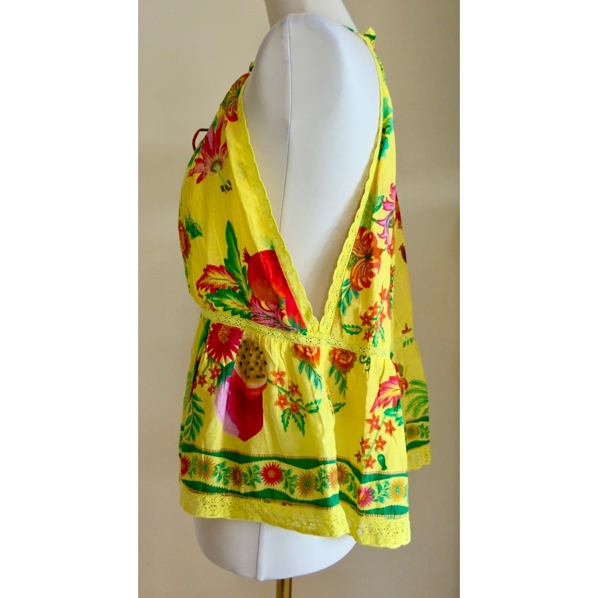 NWOT Farm Rio Yellow Tropical Fruit Print Halter Top Lace Trim Peplum Size XL