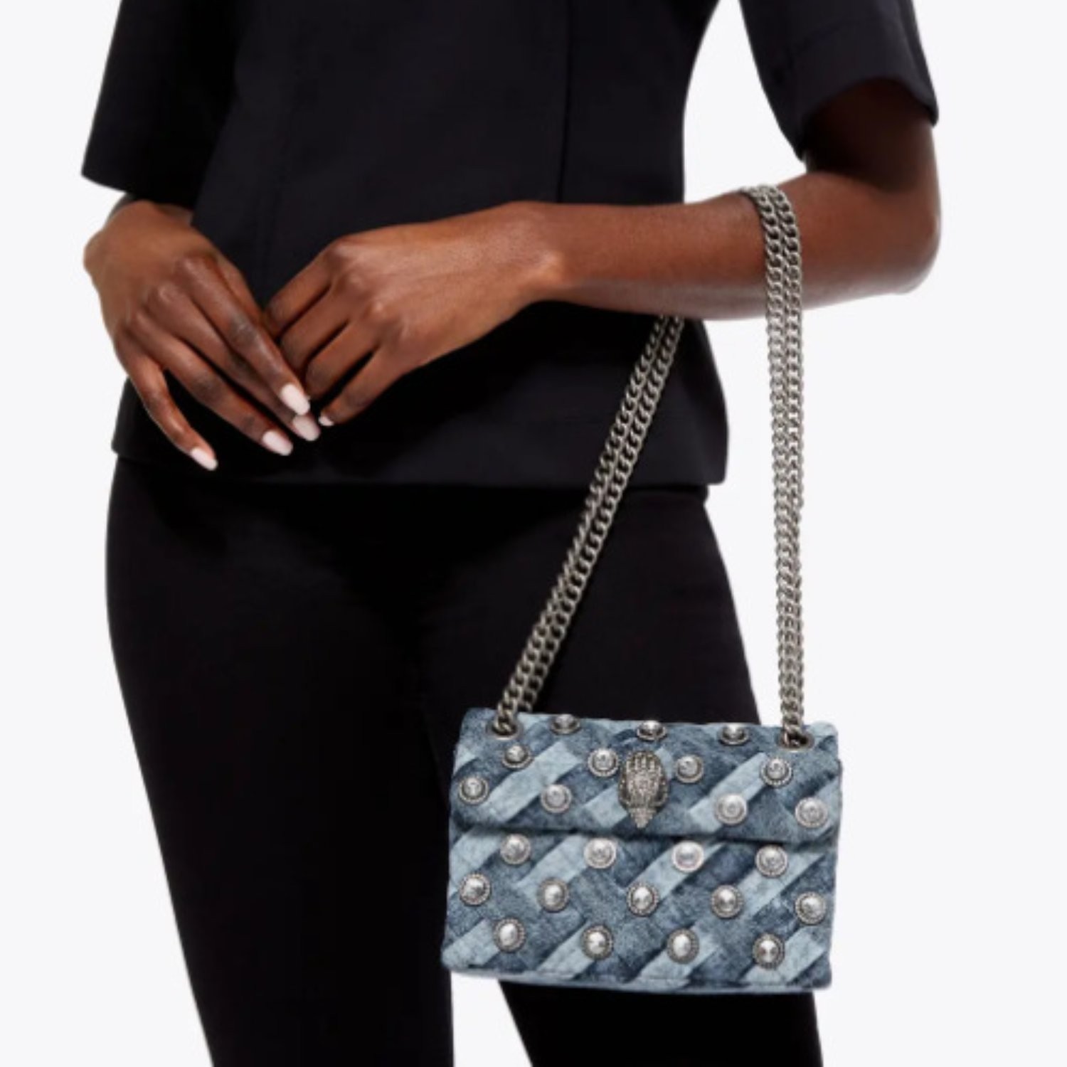 Kurt Geiger London Denim Woven Crossbody Bag Silver Eagle Crystal 20×8×15 cm