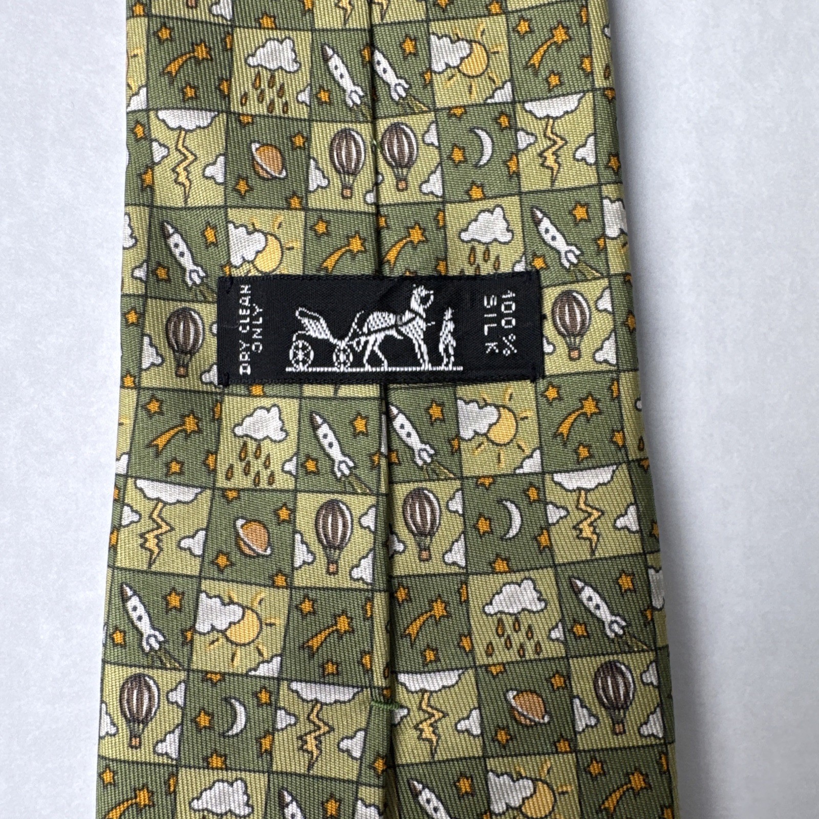 VTG Hermes Silk Tie Green Space Rockets Hot Air Balloons Novelty Print 7803 Mens