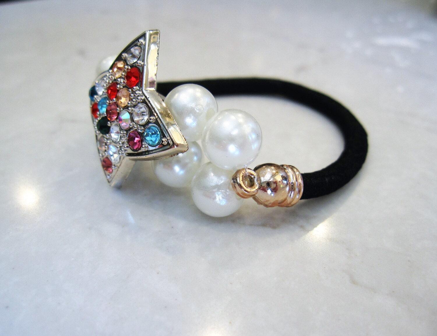 Pearl beads with colorful crystal star hair tie ponytail holders elastic tie