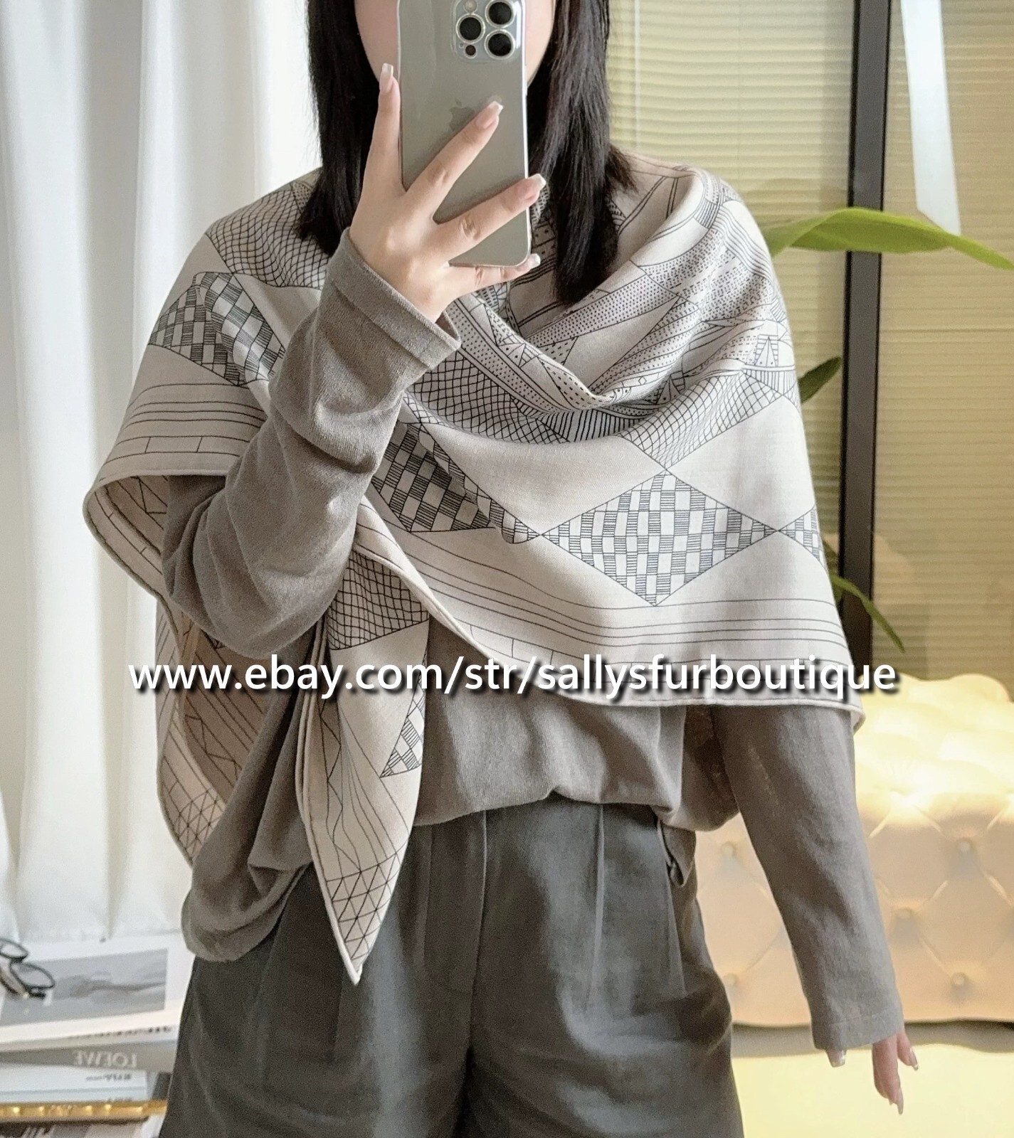 Sallys 70% Cashmere & 30% Silk Wrap Scarf Horse Print Double Face Shawl 53″