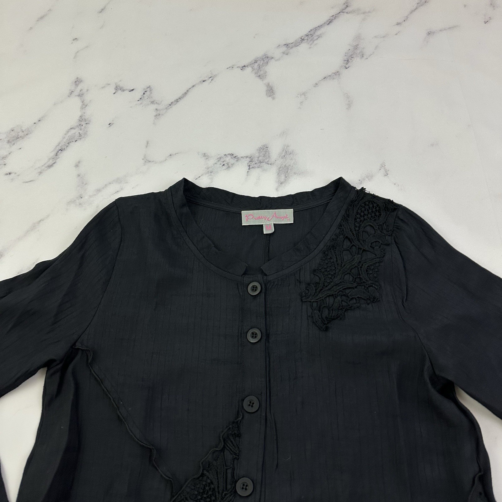 Pretty Angel Womens Tunic Top Size M Black Lace Trim Button Front 3/4 Sleeve