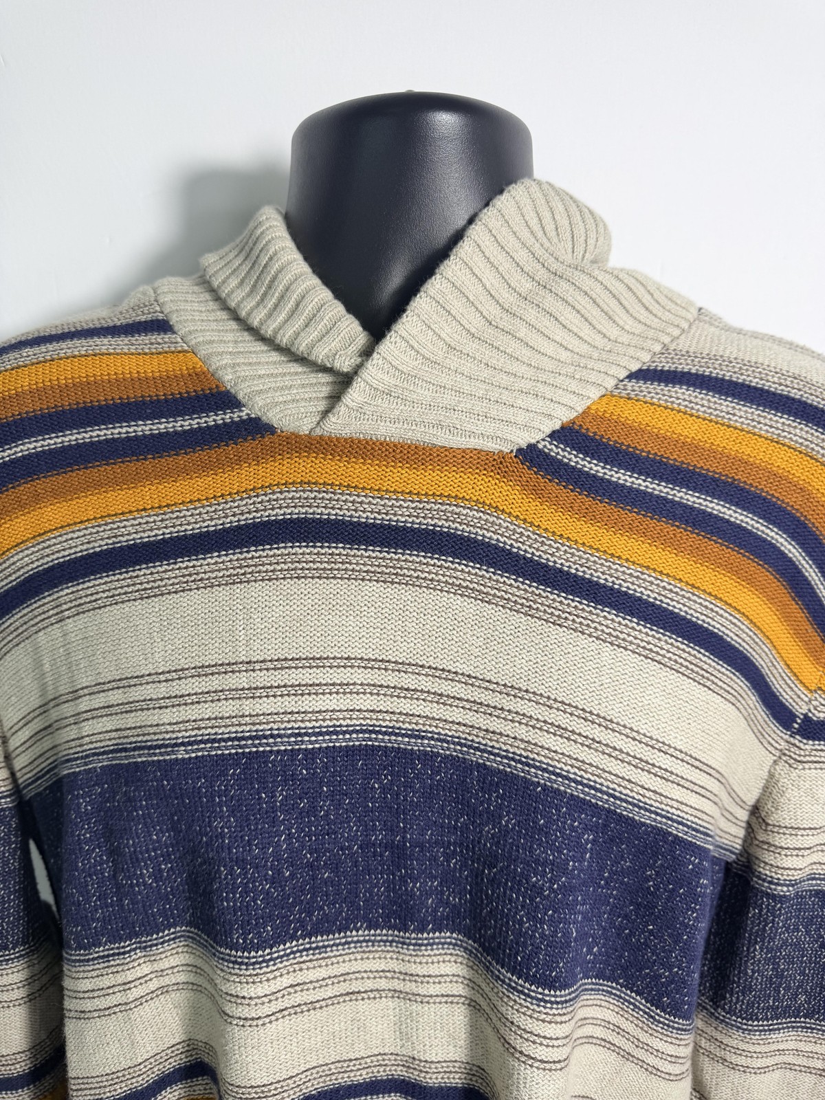 Sun and Stone Sweater Mens Large Beige Navy Shawl Collar V-Neck Knit Casual
