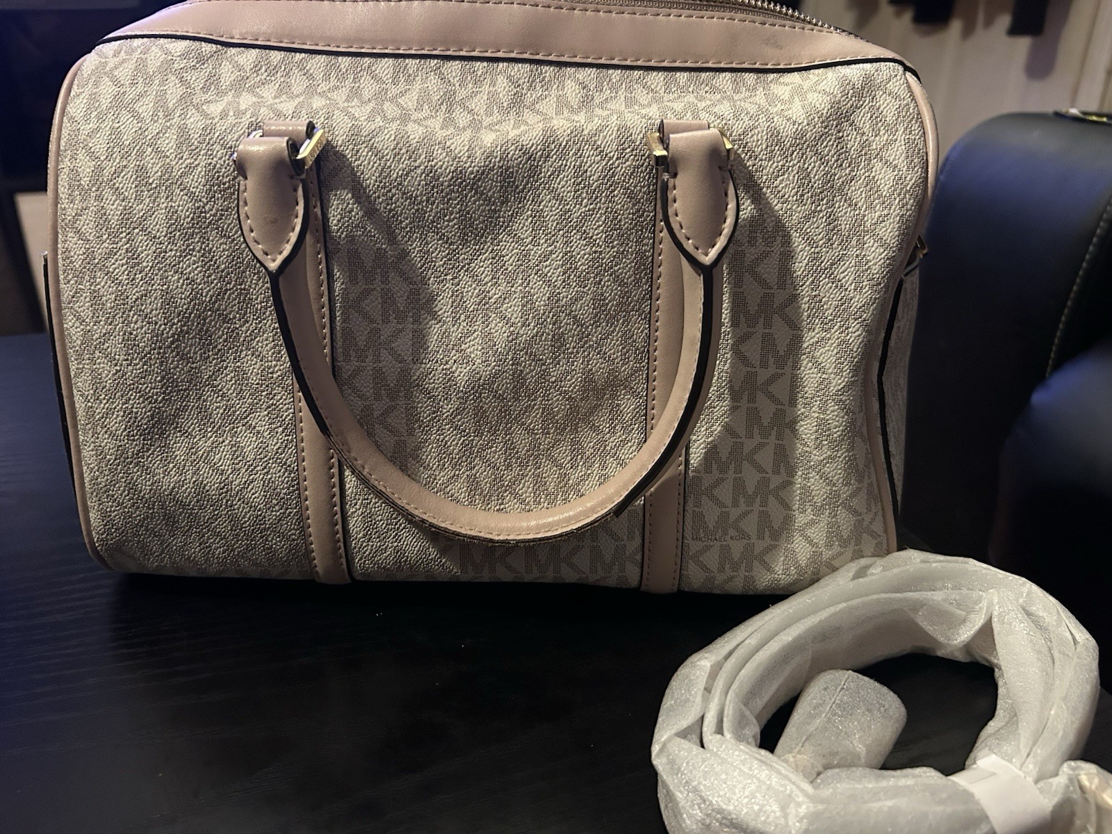 Michael Kors Logo Satchel Gray/Pink Top Handle Zip Bag Charm Detachable Strap