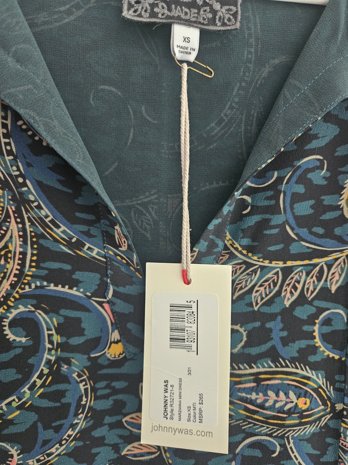 Johnny Was Jade Blue-Green silk Paisley V-Neck 3/4 Sleeve Shift Dress XS