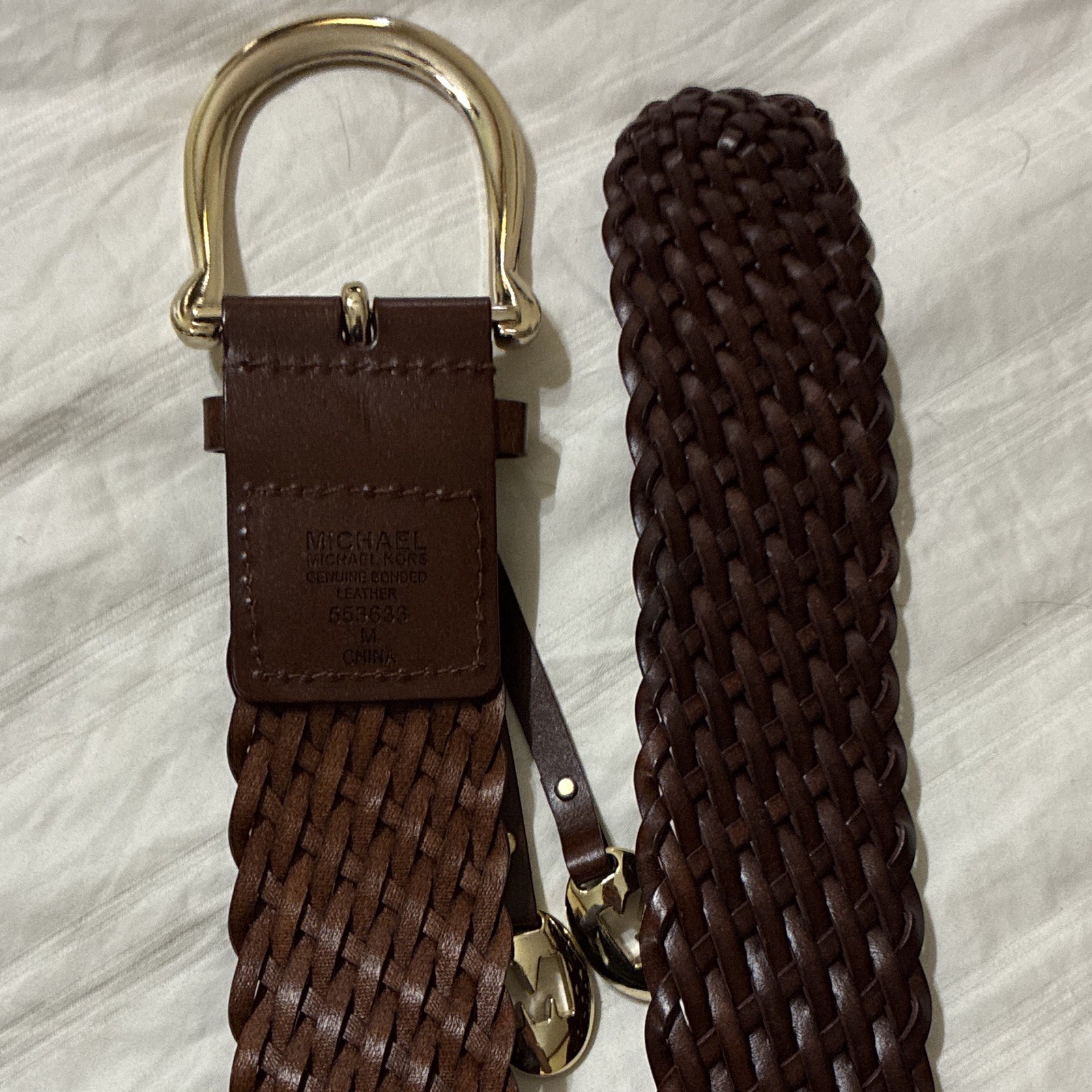 Michael Kors Women’s Brown Braided Belt Gold-Tone Buckle Logo Accent Size M
