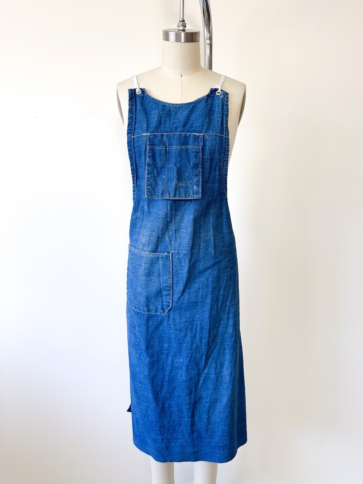 Vintage 1960s 1970s Denim Apron White Ties White Stitch Utility Workwear