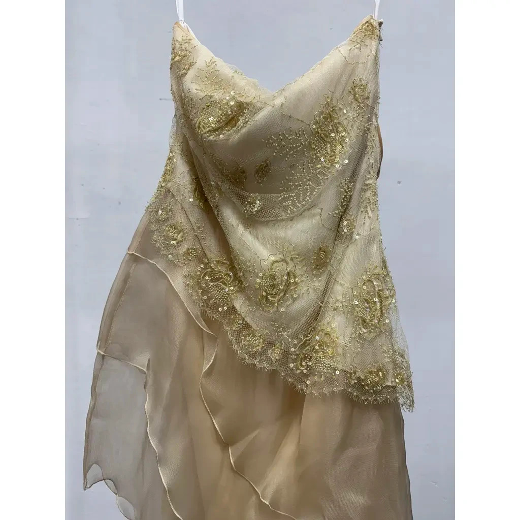 David Fielden Bride Silk Evening Gown Beaded Lace Gold, retail price €3600