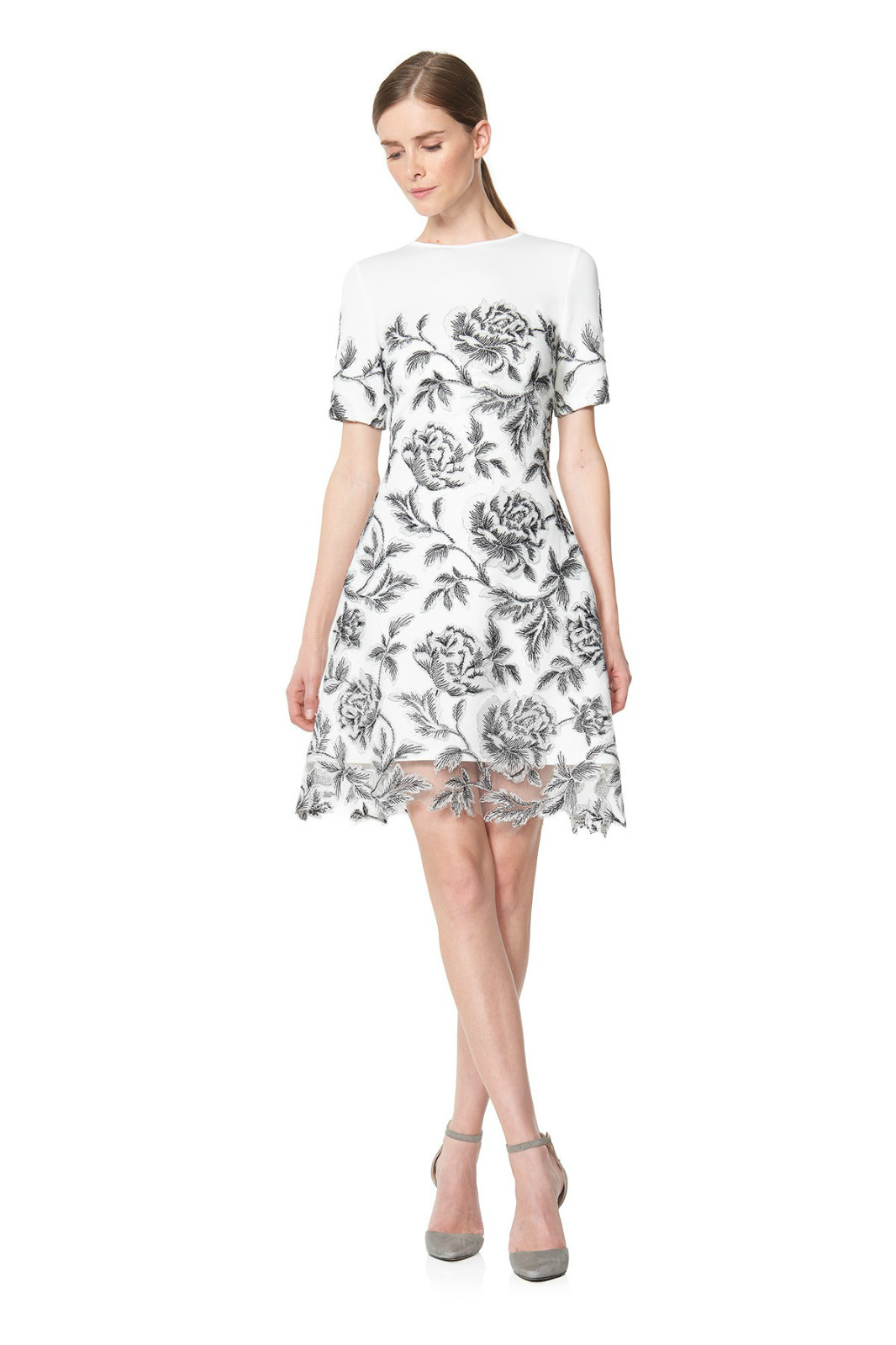Tadashi Shoji Neoprene Metallic Corded Lace Tulle Overlay Sabi Runway Dress 8