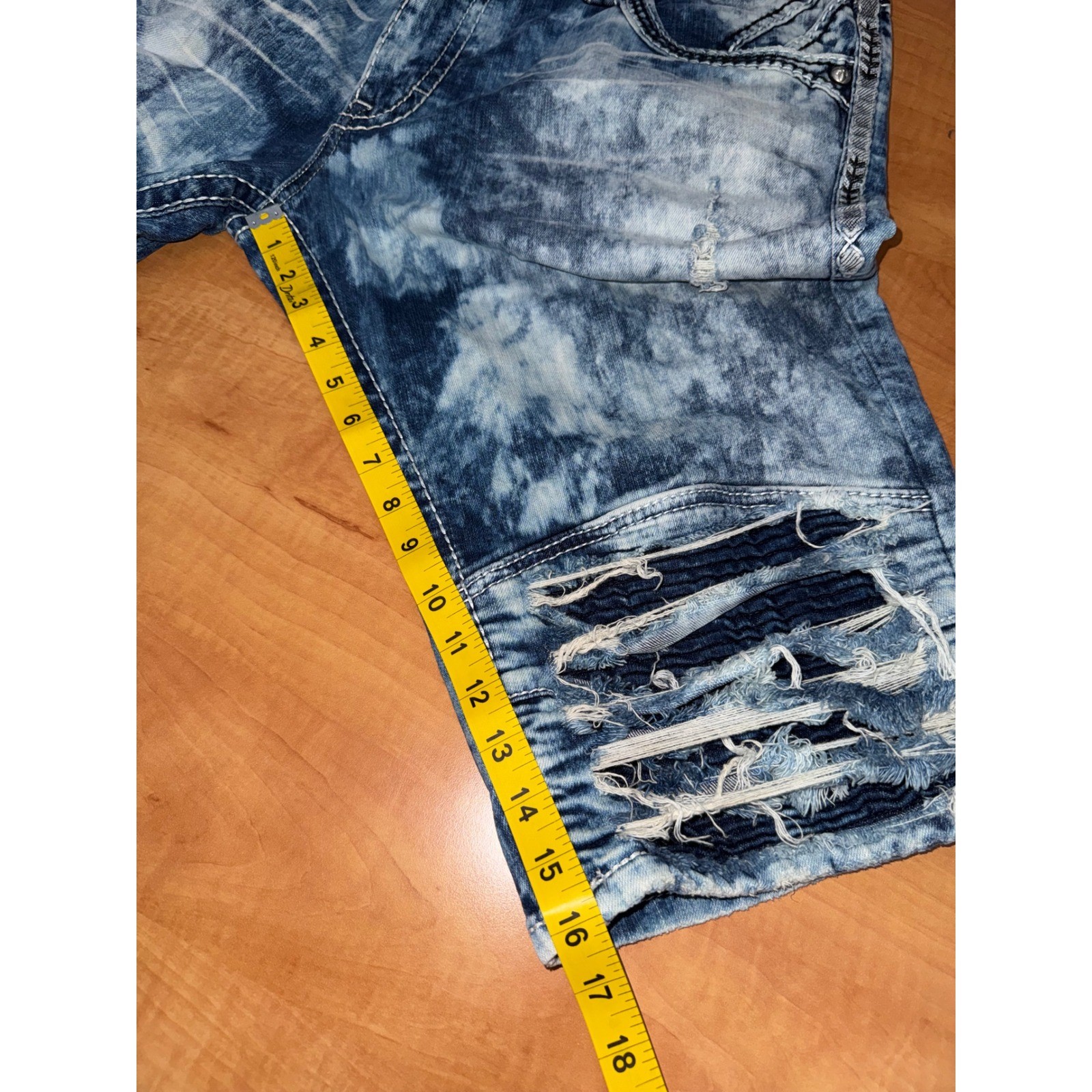 Rock Revival Montell Short Mens 40 Blue Acid Wash Distressed Moto Denim Shorts