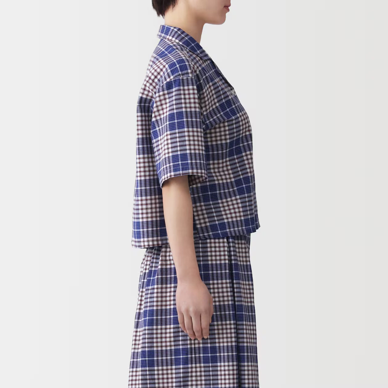 MUJI Womens 100% Organic Cotton Madras Check Cropped Shirt Blue FedEx